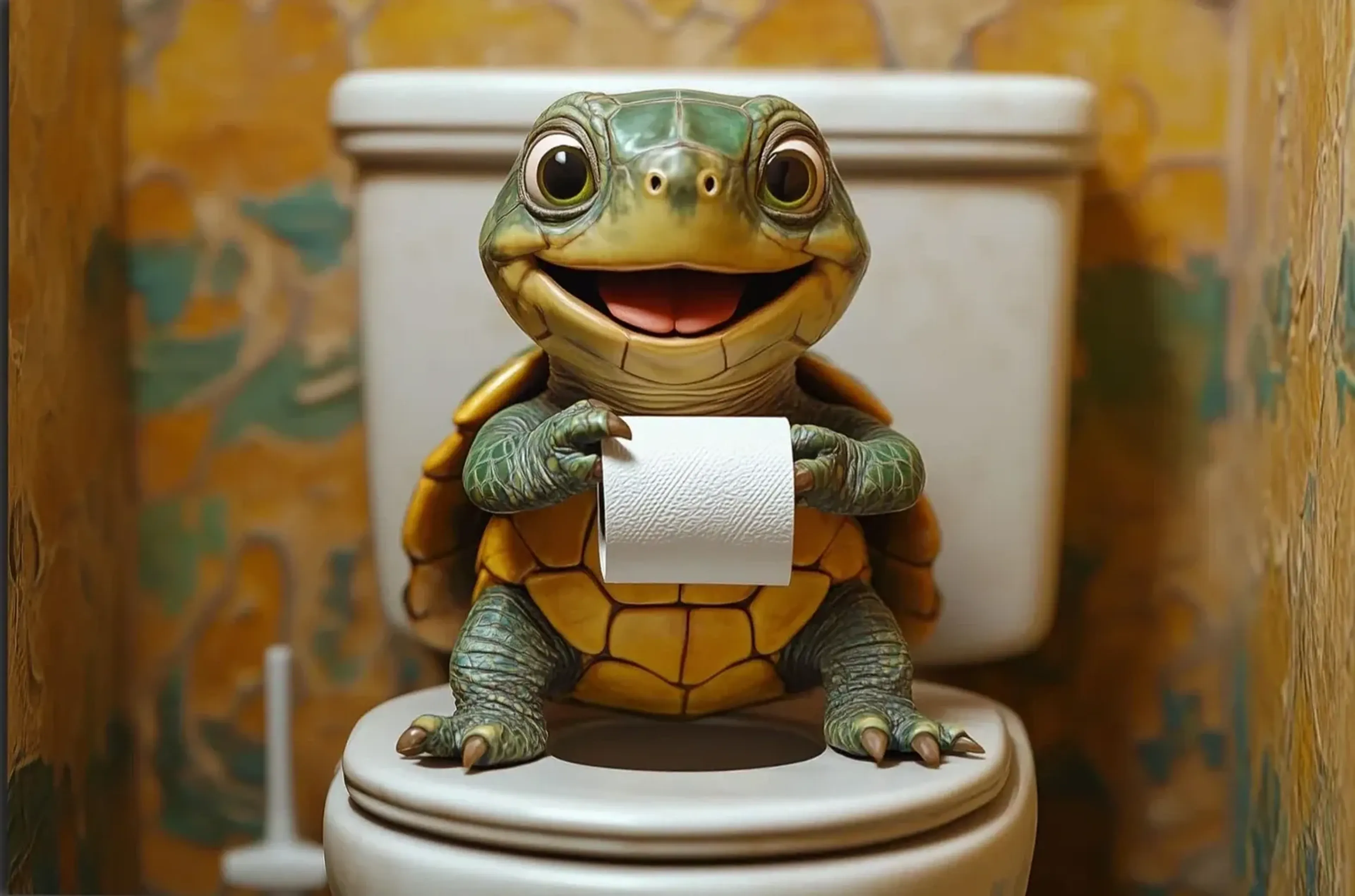 Schildkröte mit Klorolle – Motiv als Wandbild auf Holz