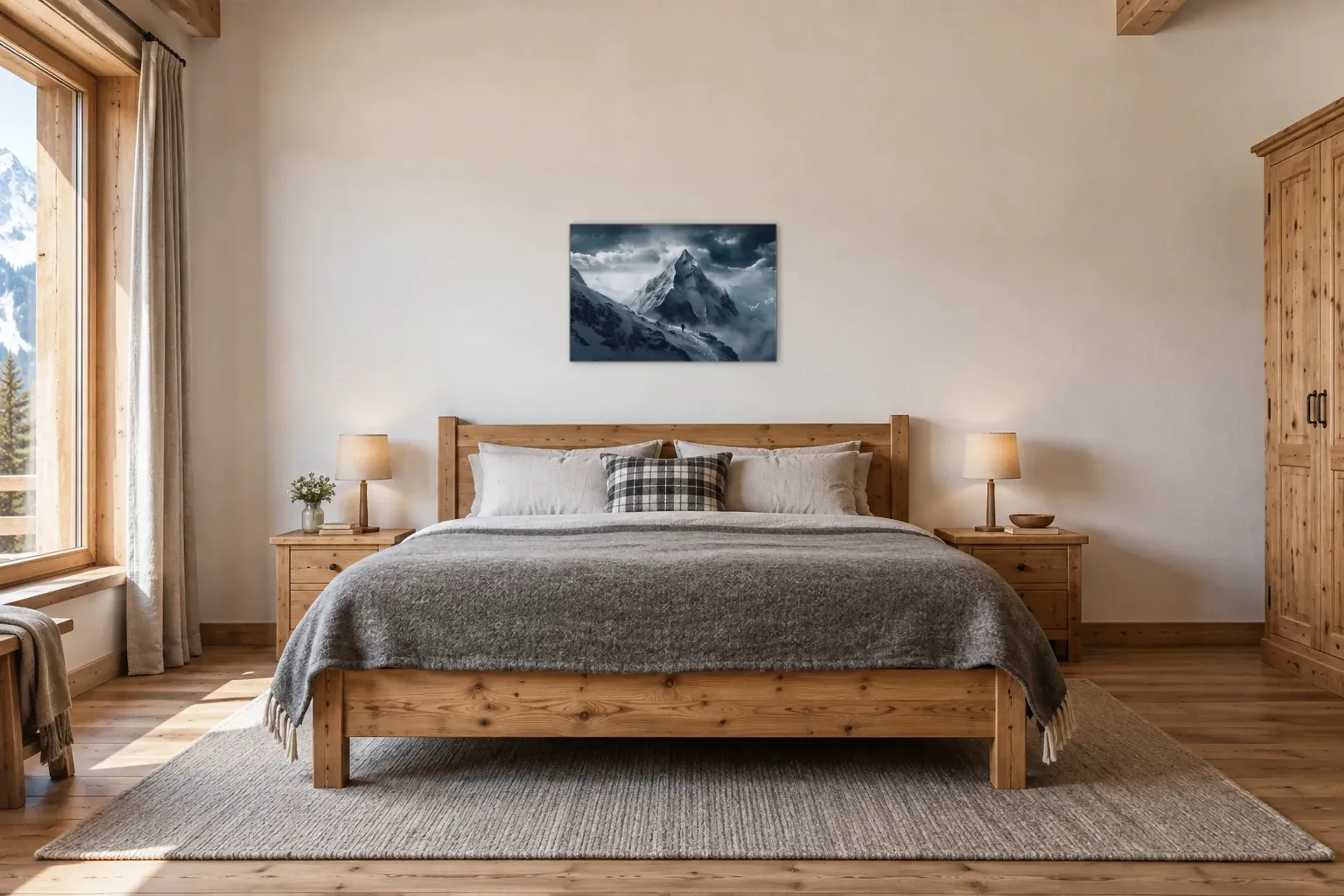 Gipfel unter dunklen Wolken als Wandbild über einem 180-cm-Bett