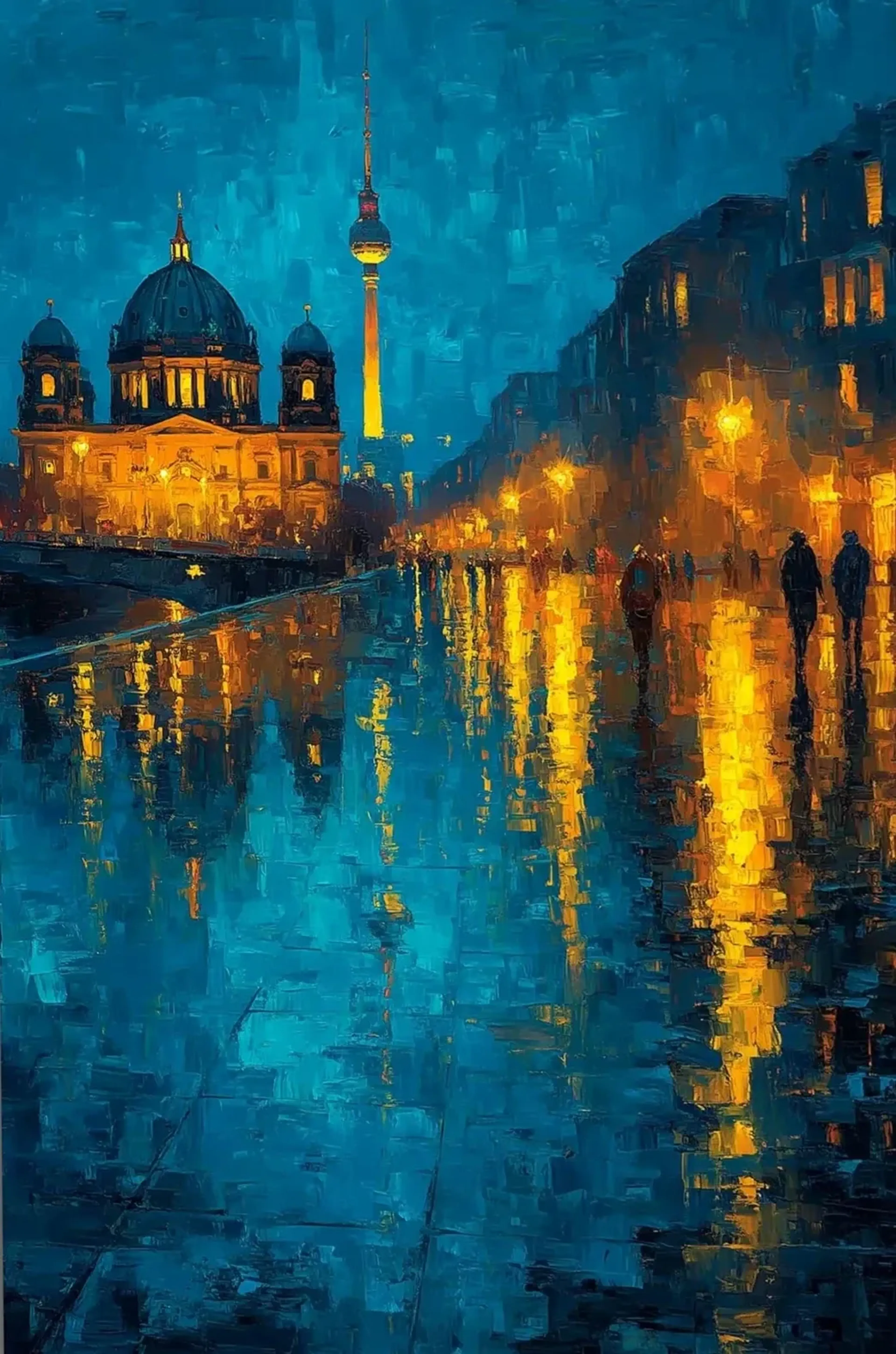 Goldene Lichter von Dom und Laternen spiegeln sich auf nassem Boden unter blauem Himmel mit Berliner Fernsehturm.