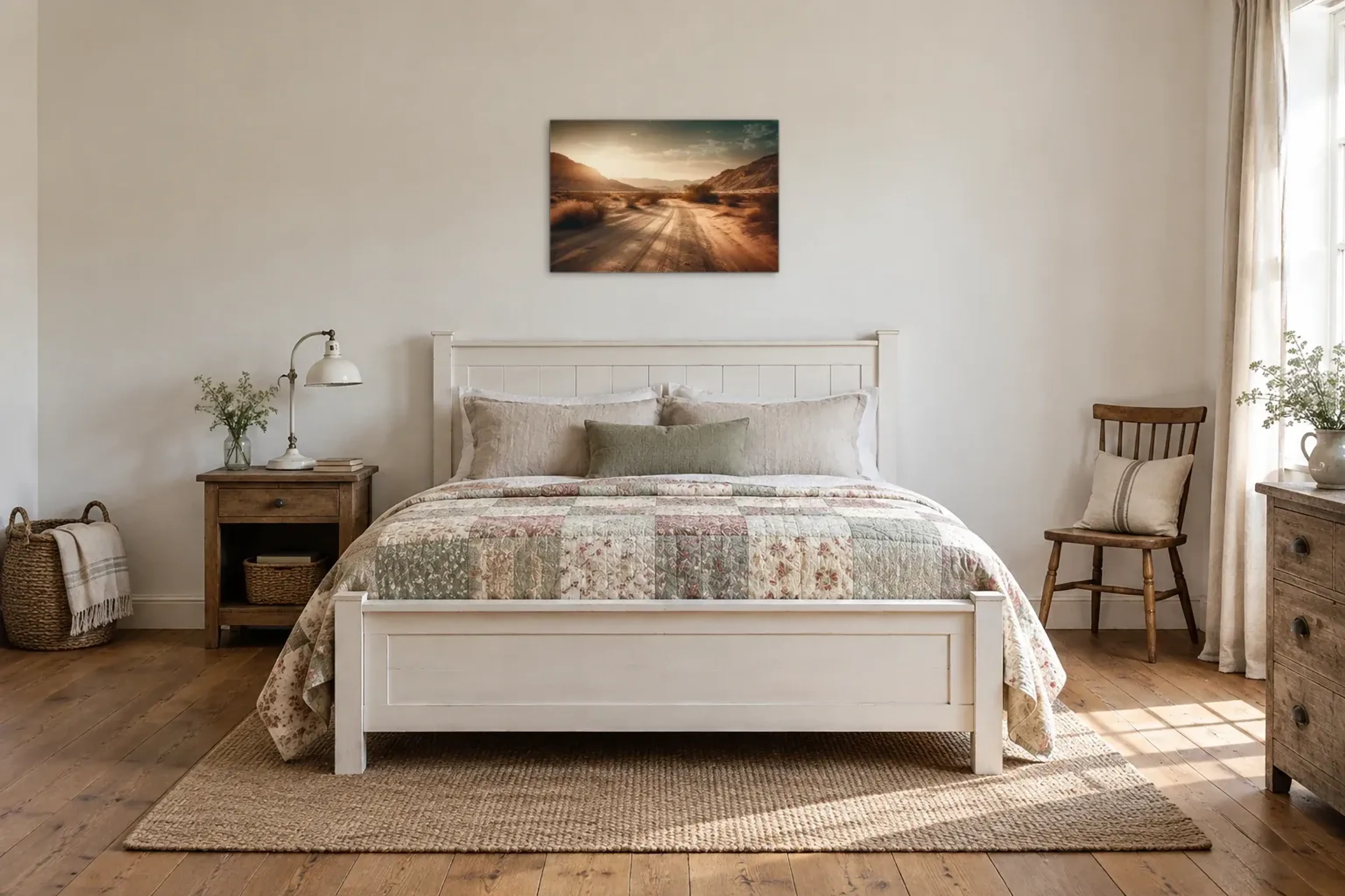Fahrspur durch die Wüste als Wandbild über einem 160-cm-Bett