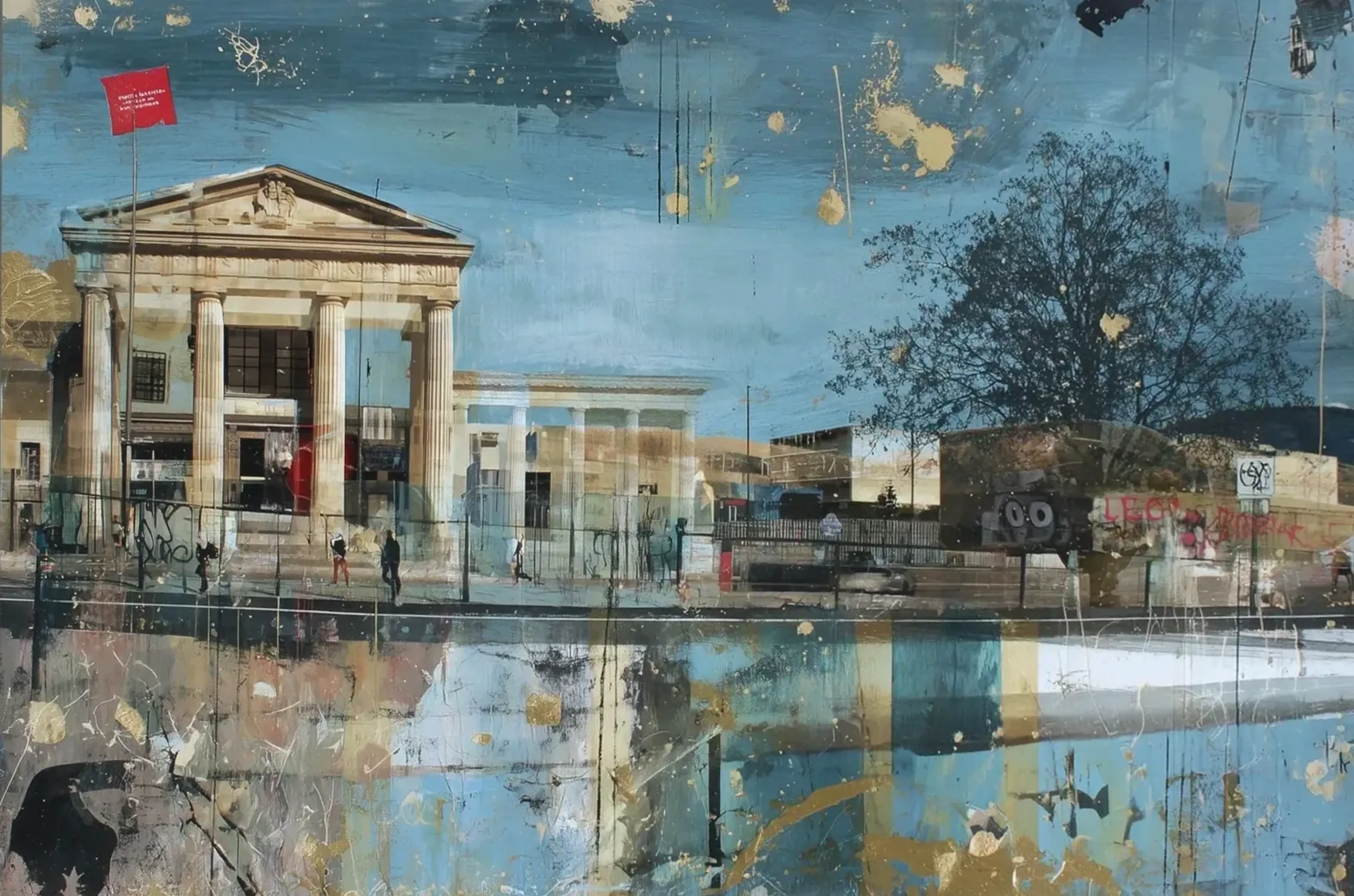 Stadtansicht mit Säulenbau, Graffiti und Baum unter blauen, grauen und goldfarbenen Farbschichten.