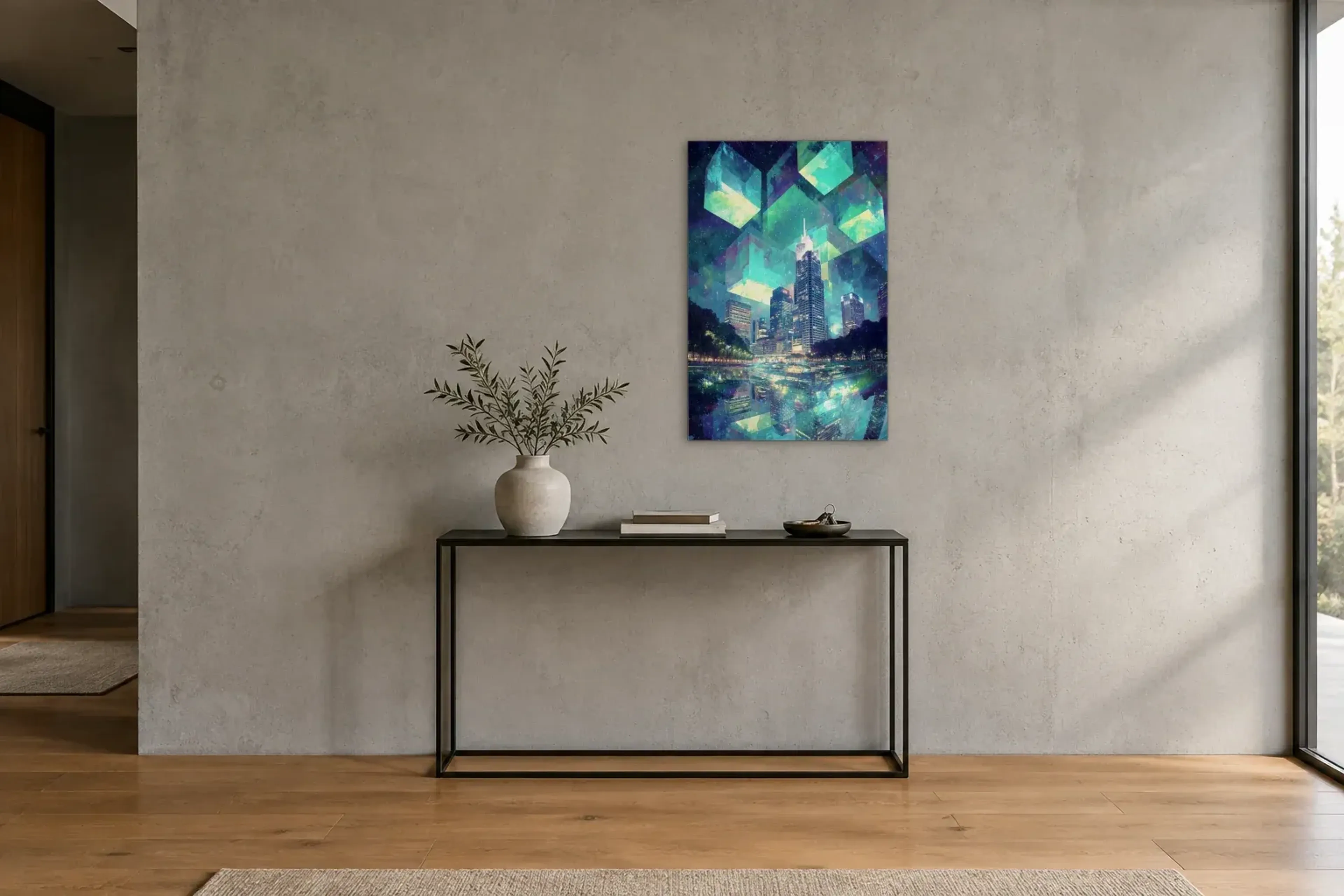 Skyline unter leuchtenden Würfeln als Wandbild über einer 120-cm-Konsole