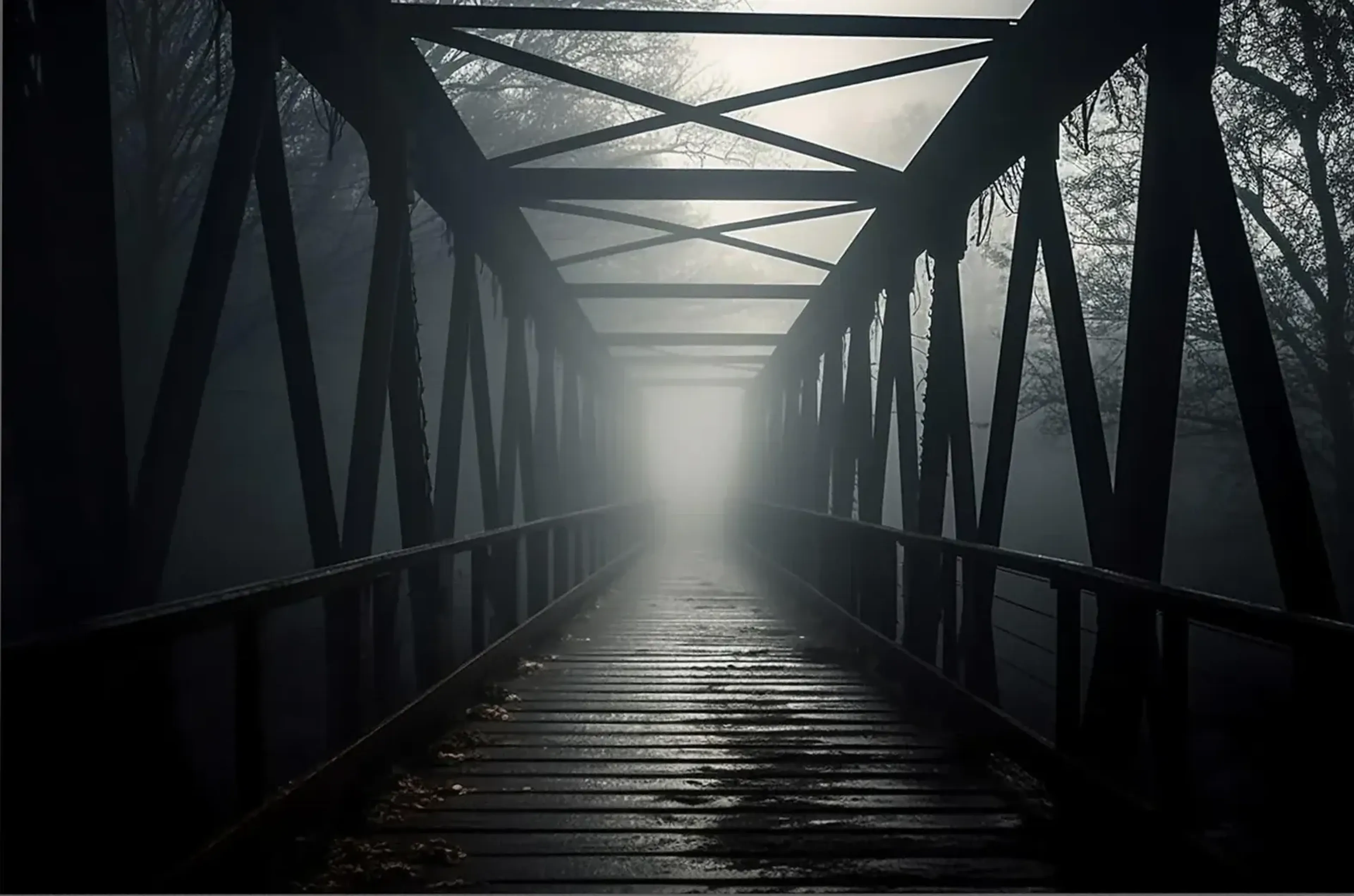 Dunkle Brücke mit nassen Planken und Querstreben führt zwischen kahlen Bäumen in hellen Nebel.