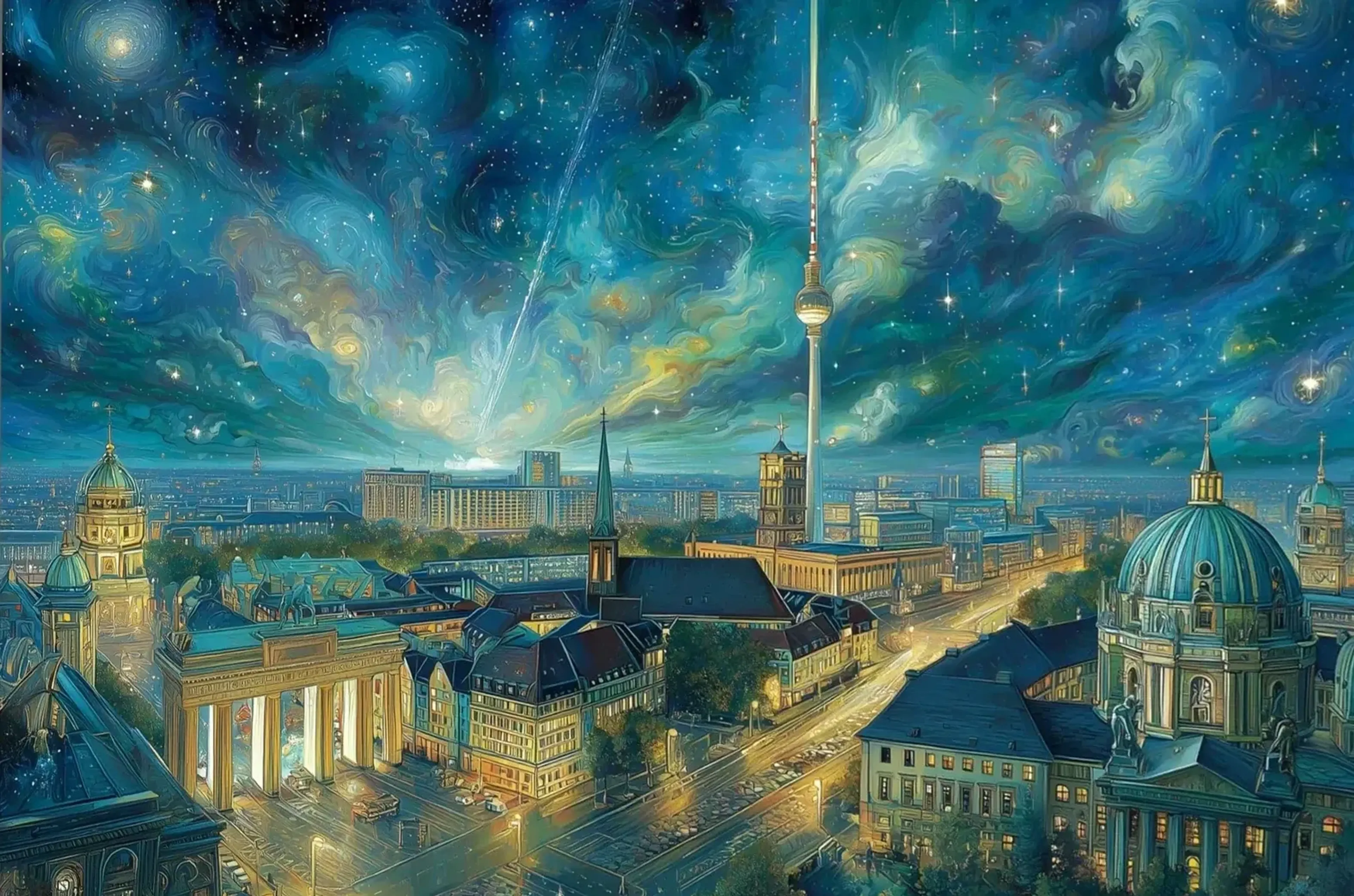 Berlin unter Sternenwirbeln – Motiv als Wandbild auf Holz