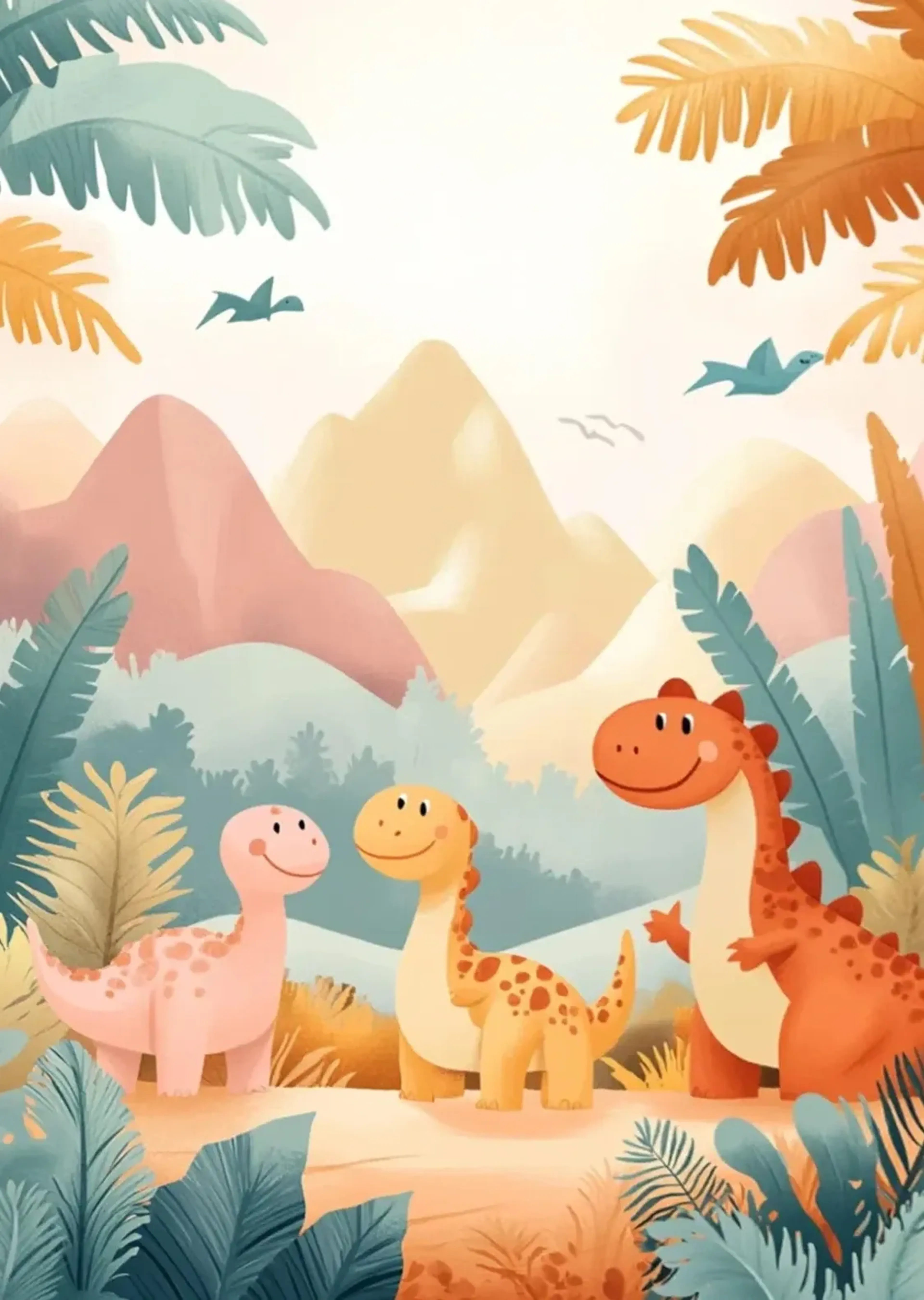 Drei freundliche Dinos in Rosa, Gelb und Orange stehen zwischen Blättern vor pastellfarbenen Bergen.