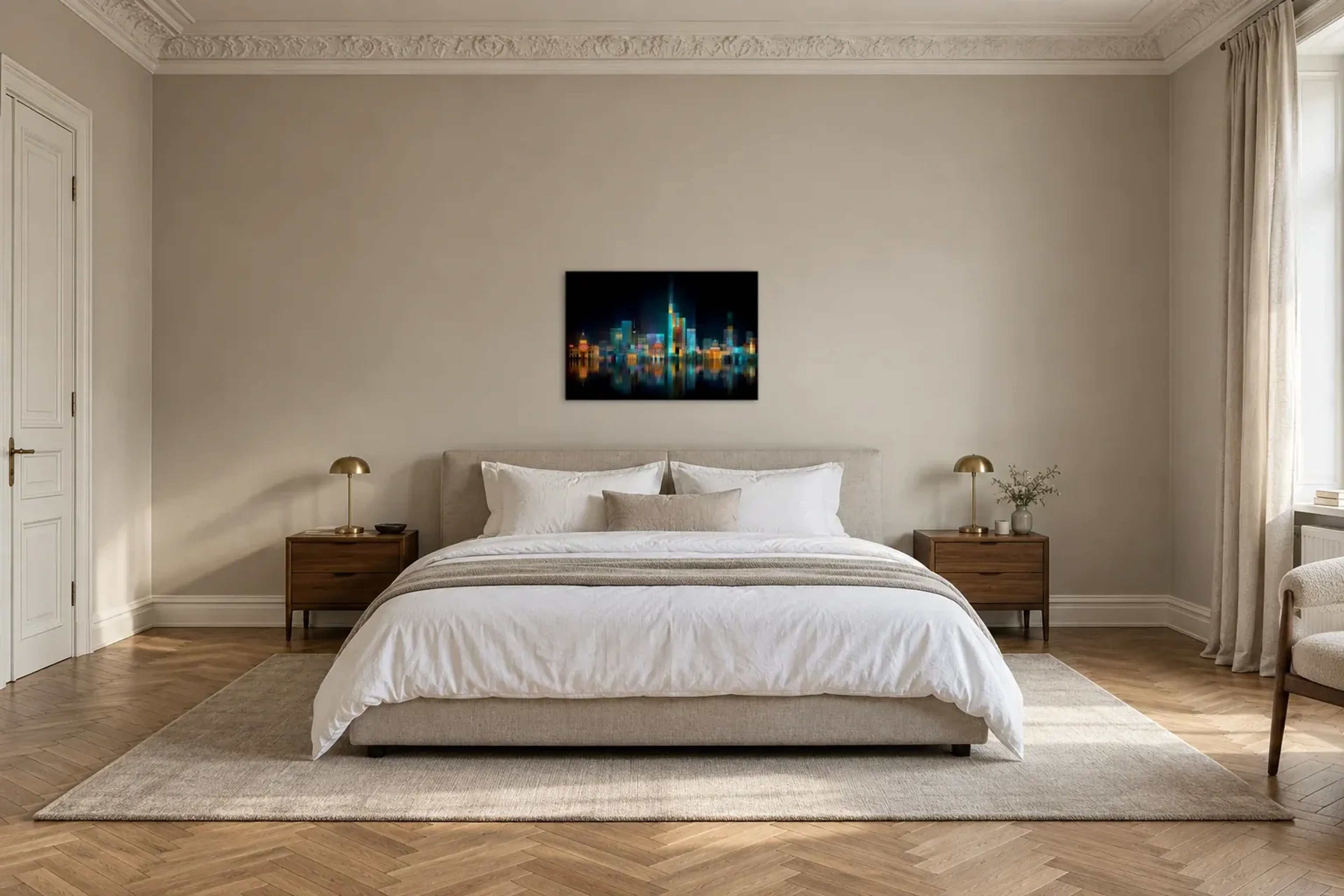 Berlin aus Lichtflächen als Wandbild über einem 180-cm-Bett