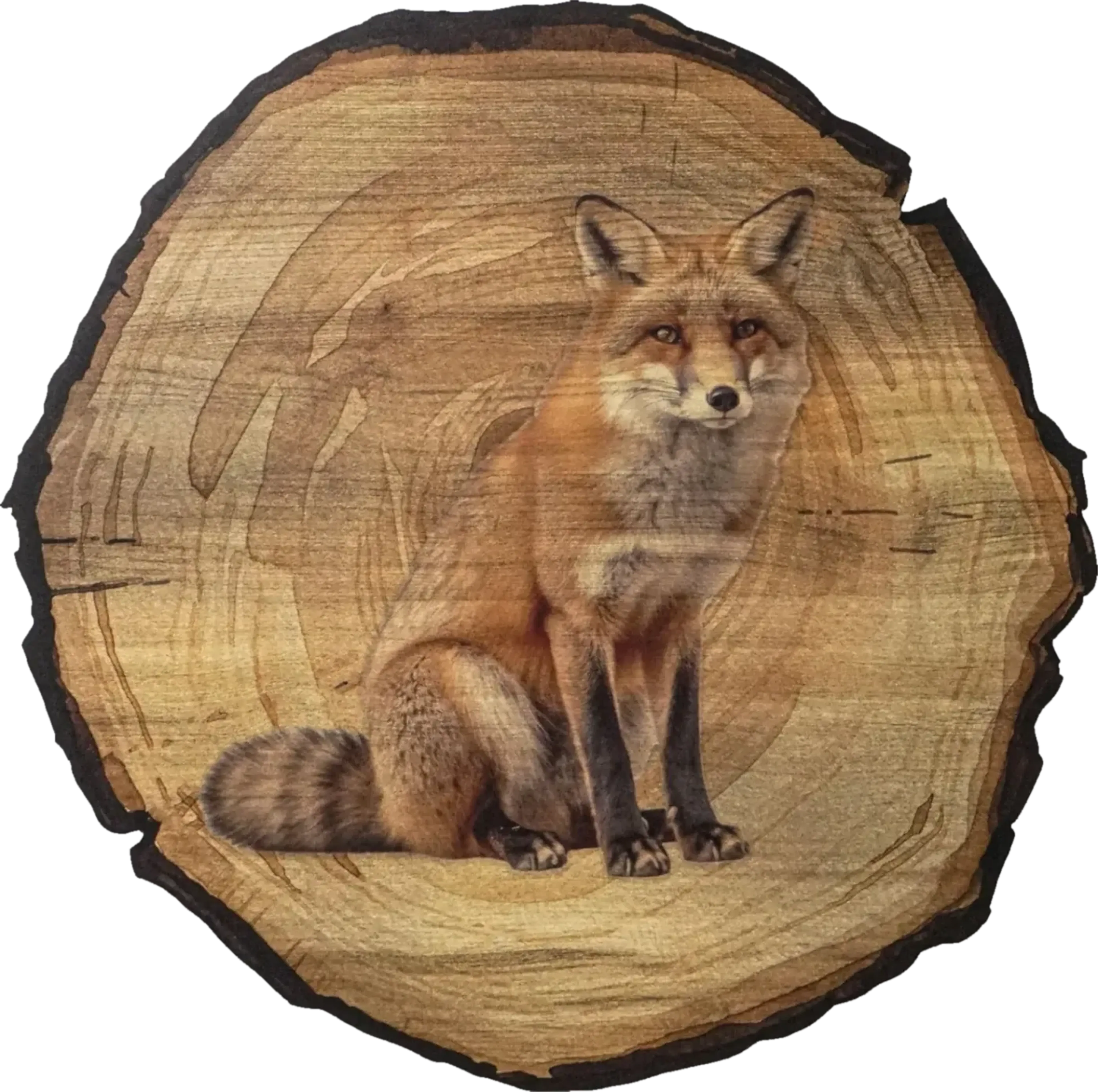 Ein sitzender Fuchs mit rostbraunem Fell und heller Brust vor einem runden Hintergrund in Baumscheibenoptik.