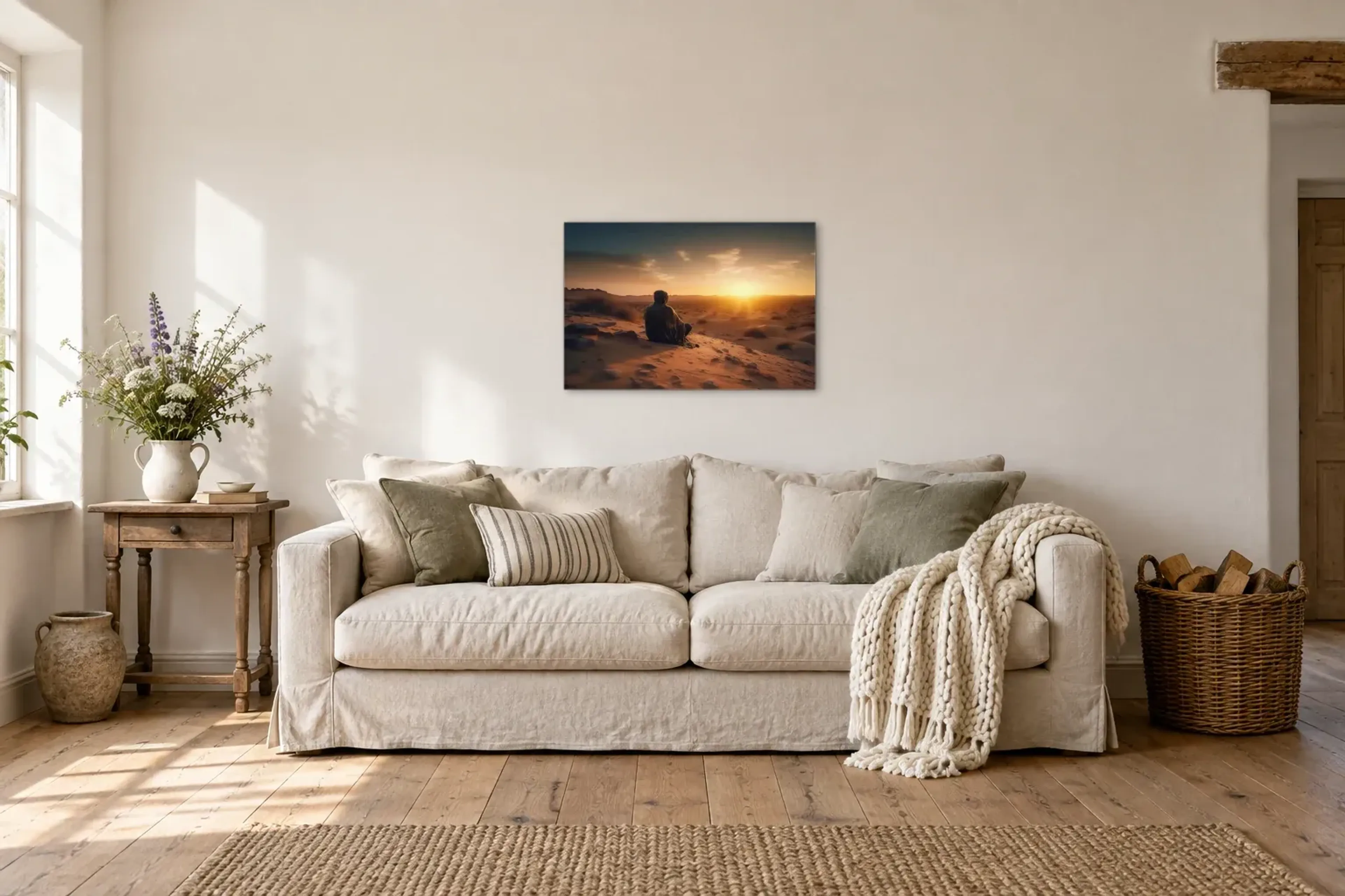 Stille in der Wüste als Wandbild über einem 220-cm-Sofa