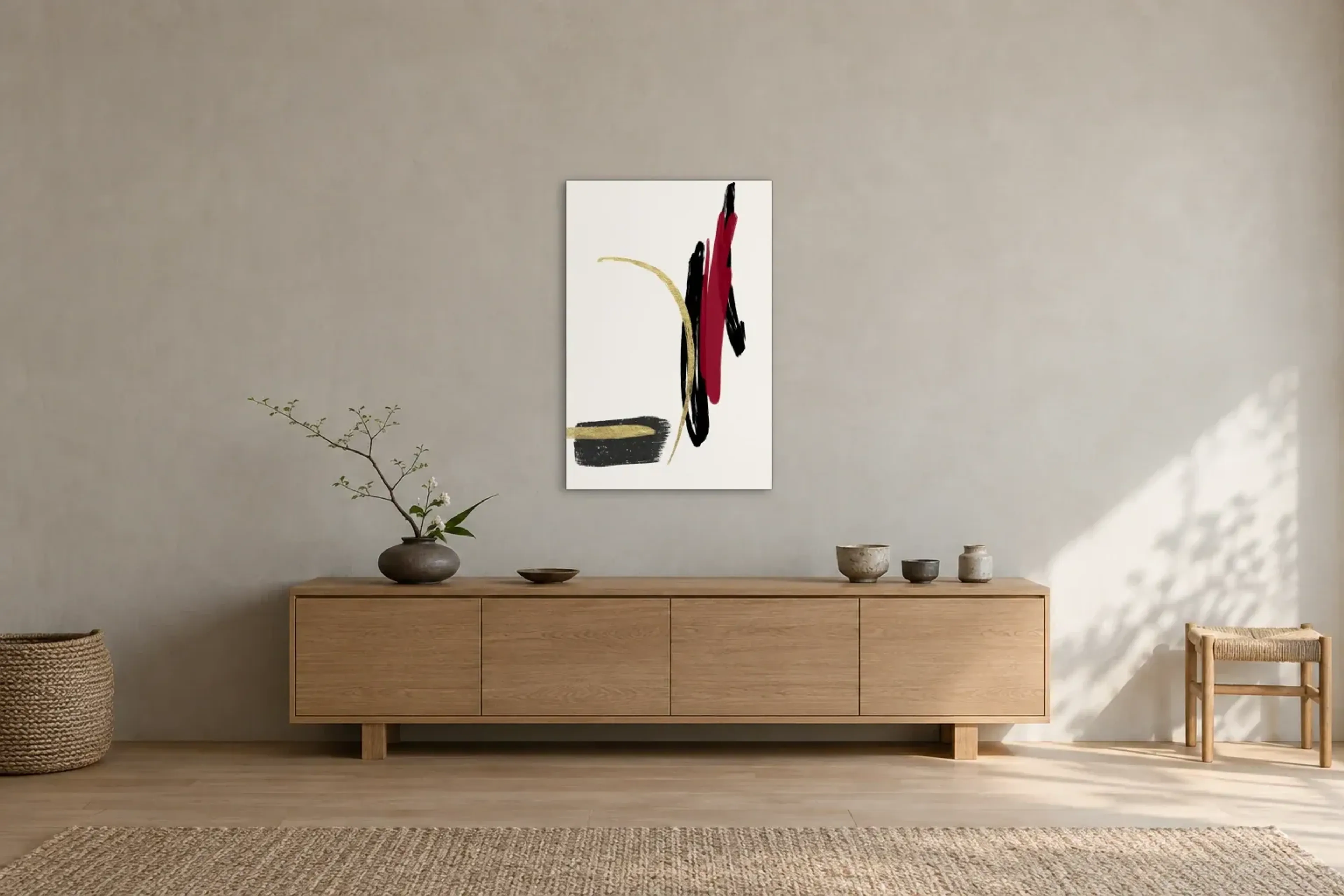 Goldbogen zwischen Farbstrichen als Wandbild über einem 180-cm-Sideboard