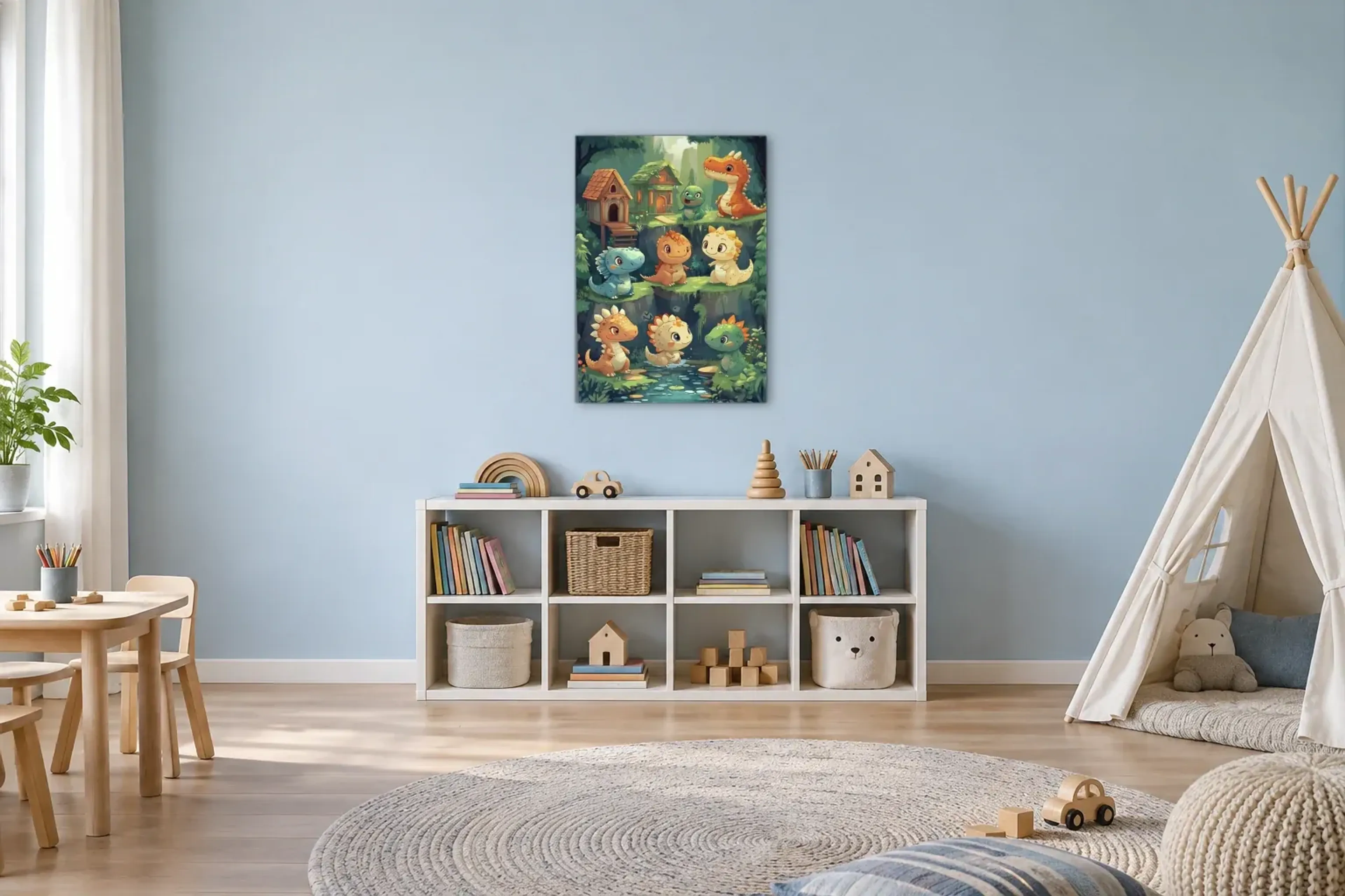 Kleine Dinos im Walddorf als Wandbild über einem 120-cm-Spielregal