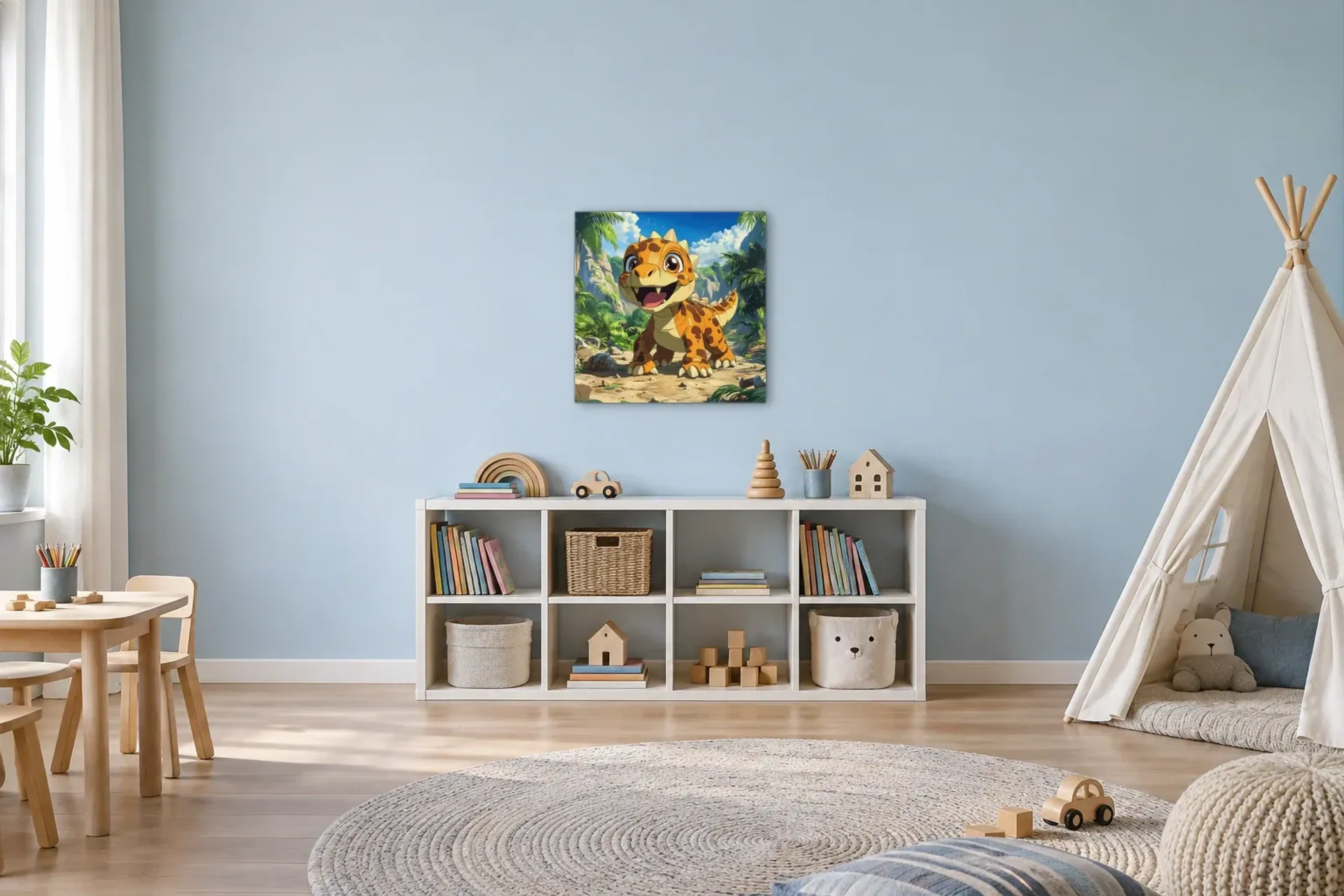 Gefleckter Dino im Palmental als Wandbild über einem 120-cm-Spielregal