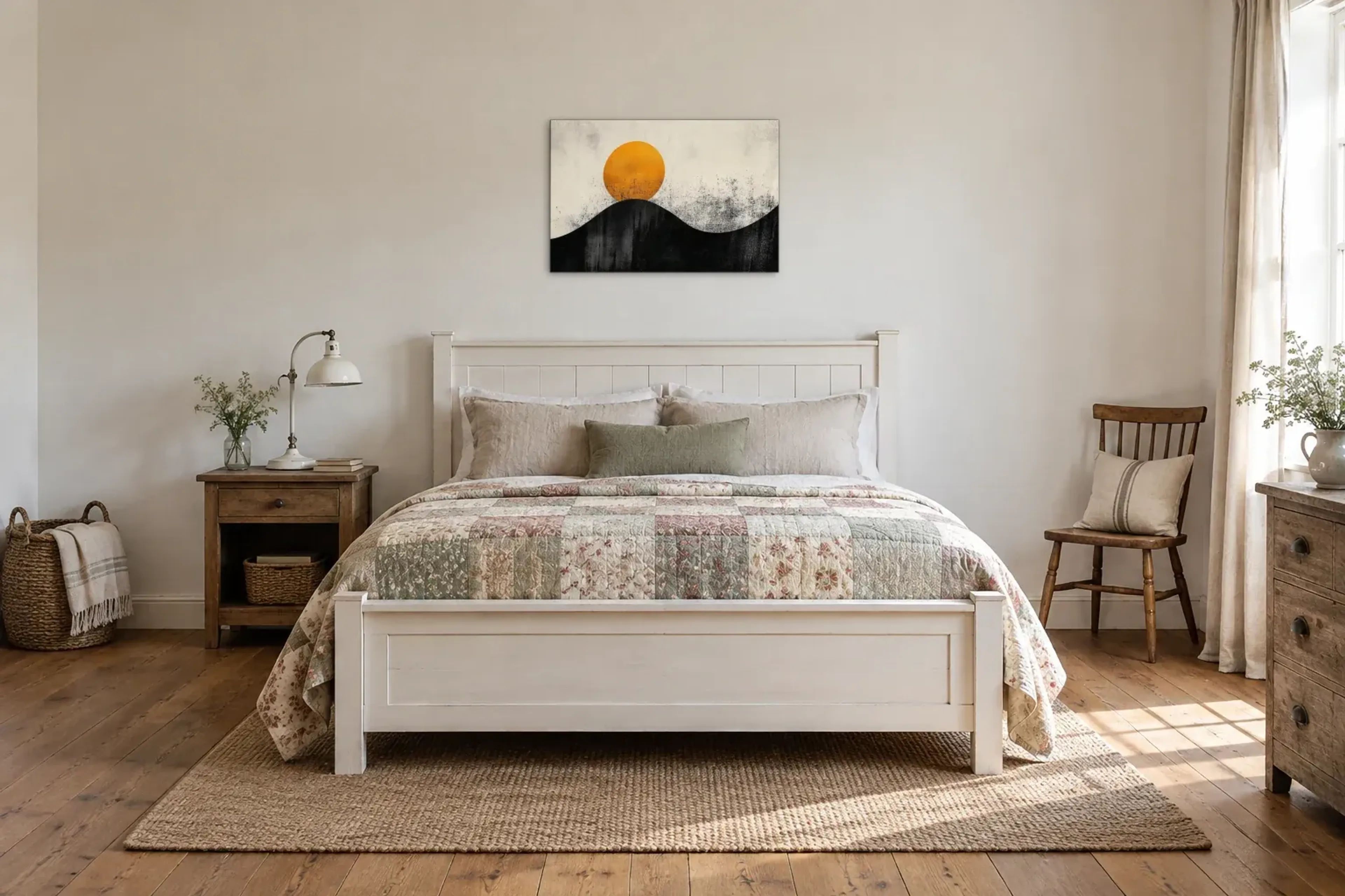 Sonne über Hügeln als Wandbild über einem 160-cm-Bett
