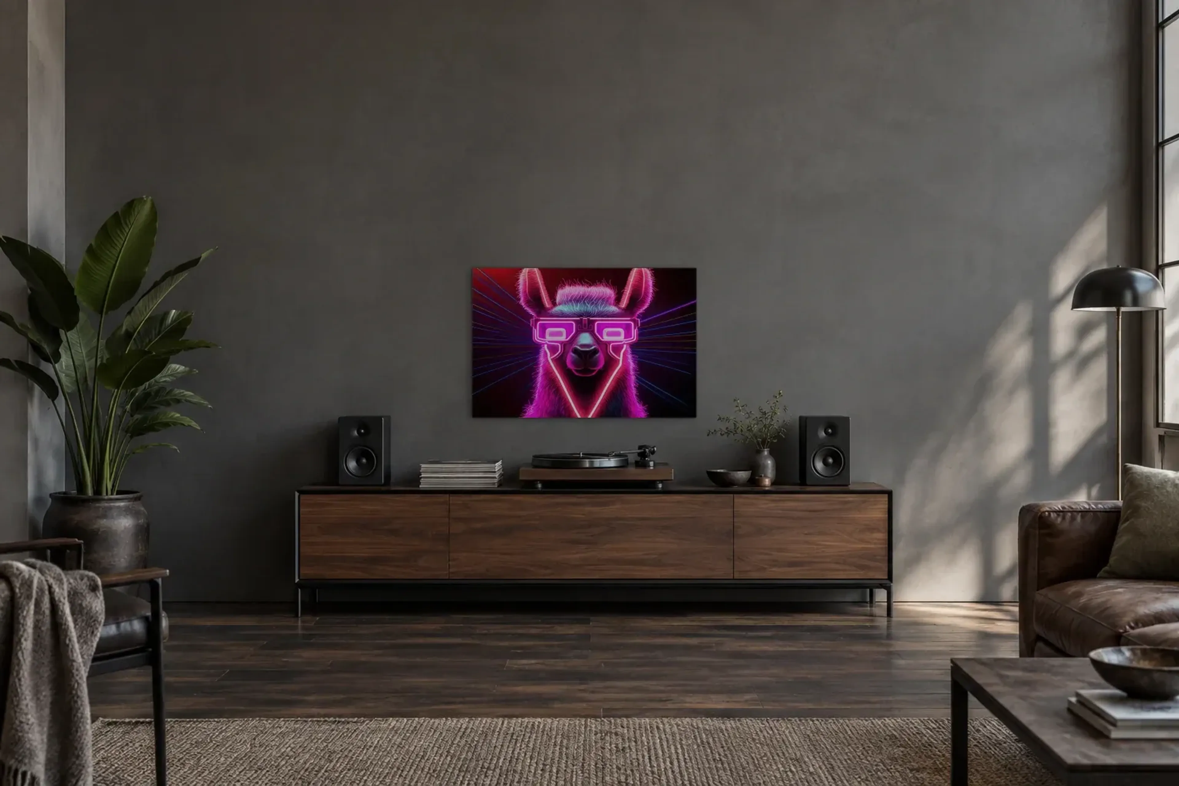 Lama mit Neonbrille als Wandbild über einem 200-cm-Sideboard