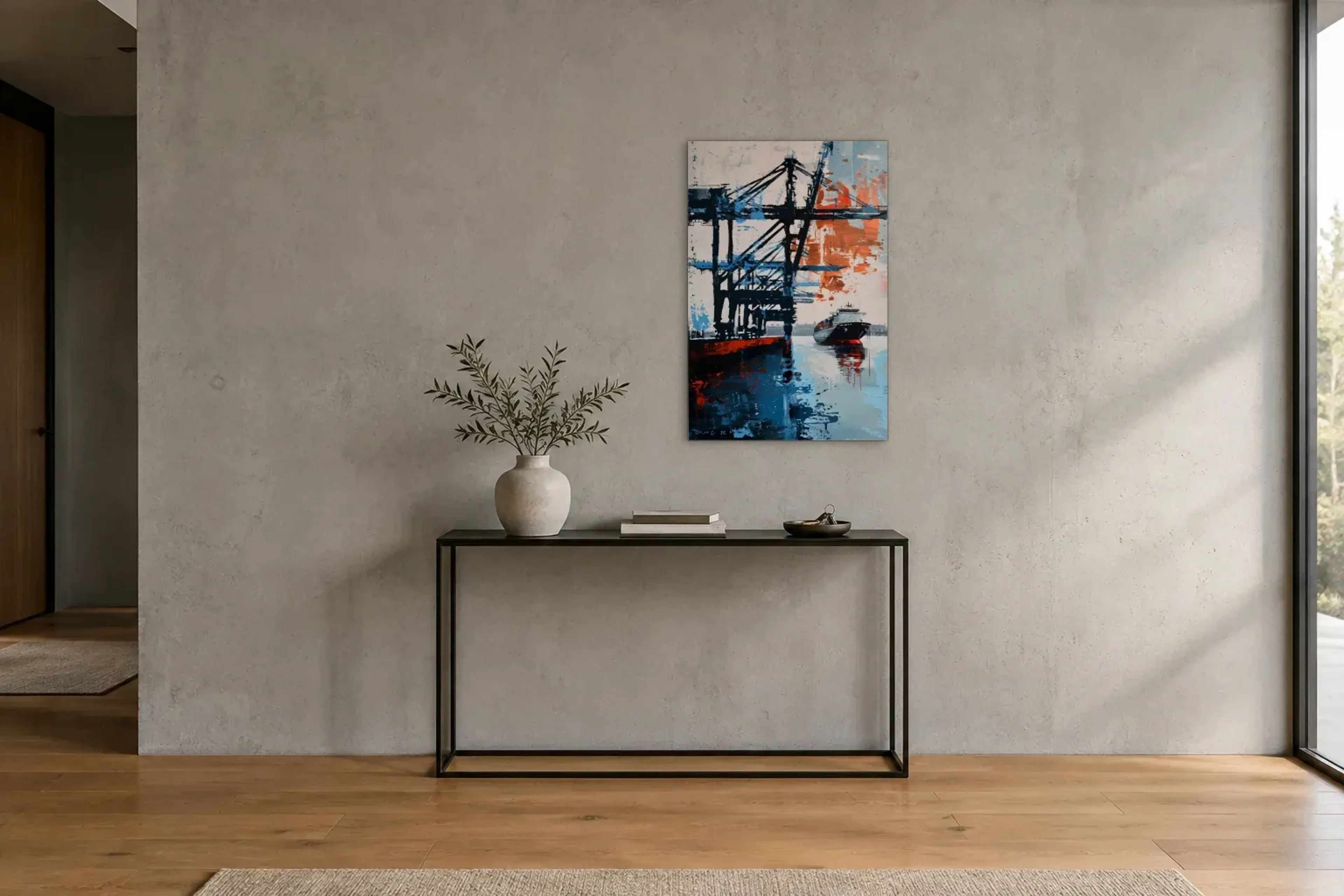 Frachter unter Hafenkränen als Wandbild über einer 120-cm-Konsole