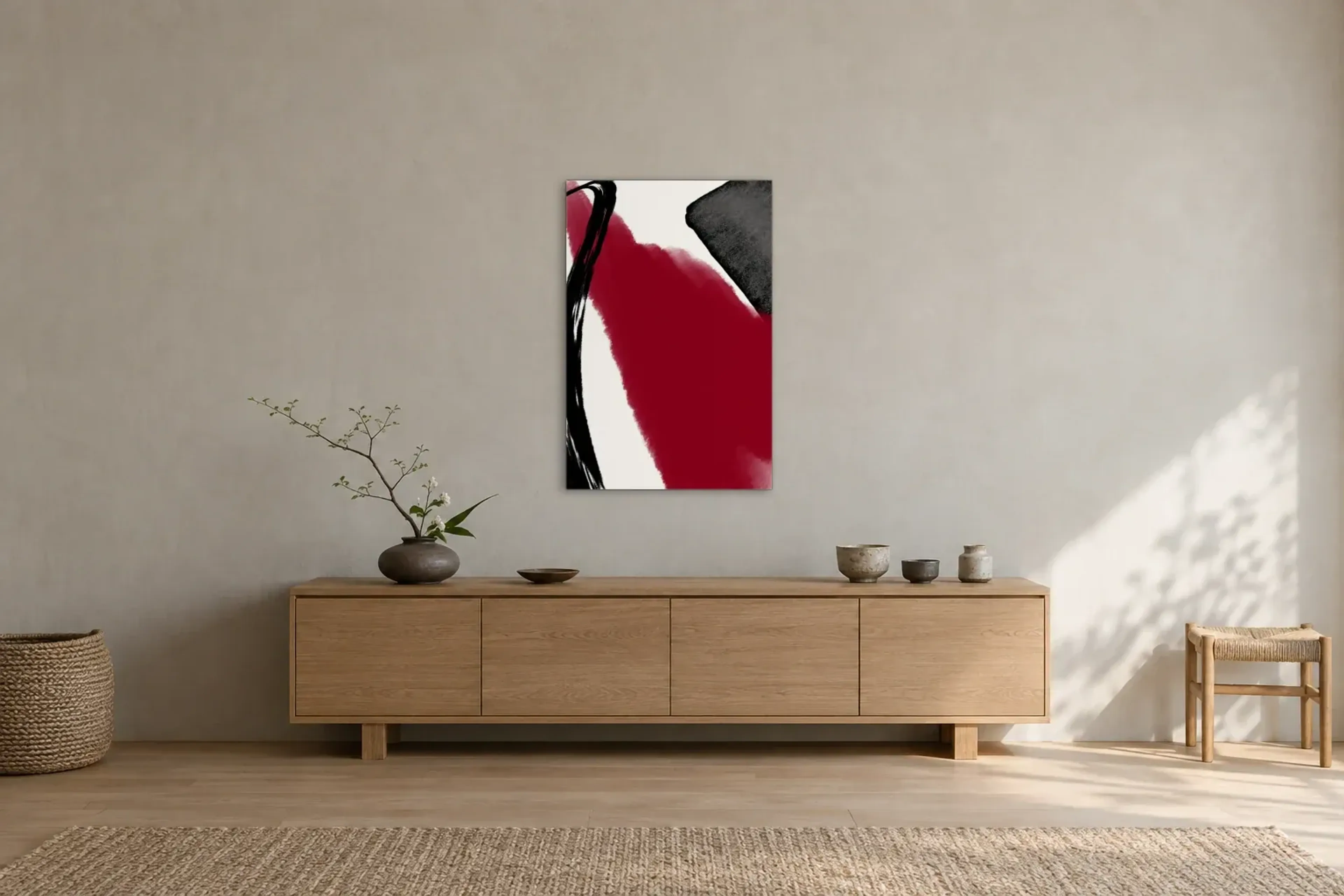 Rot in Bewegung als Wandbild über einem 180-cm-Sideboard