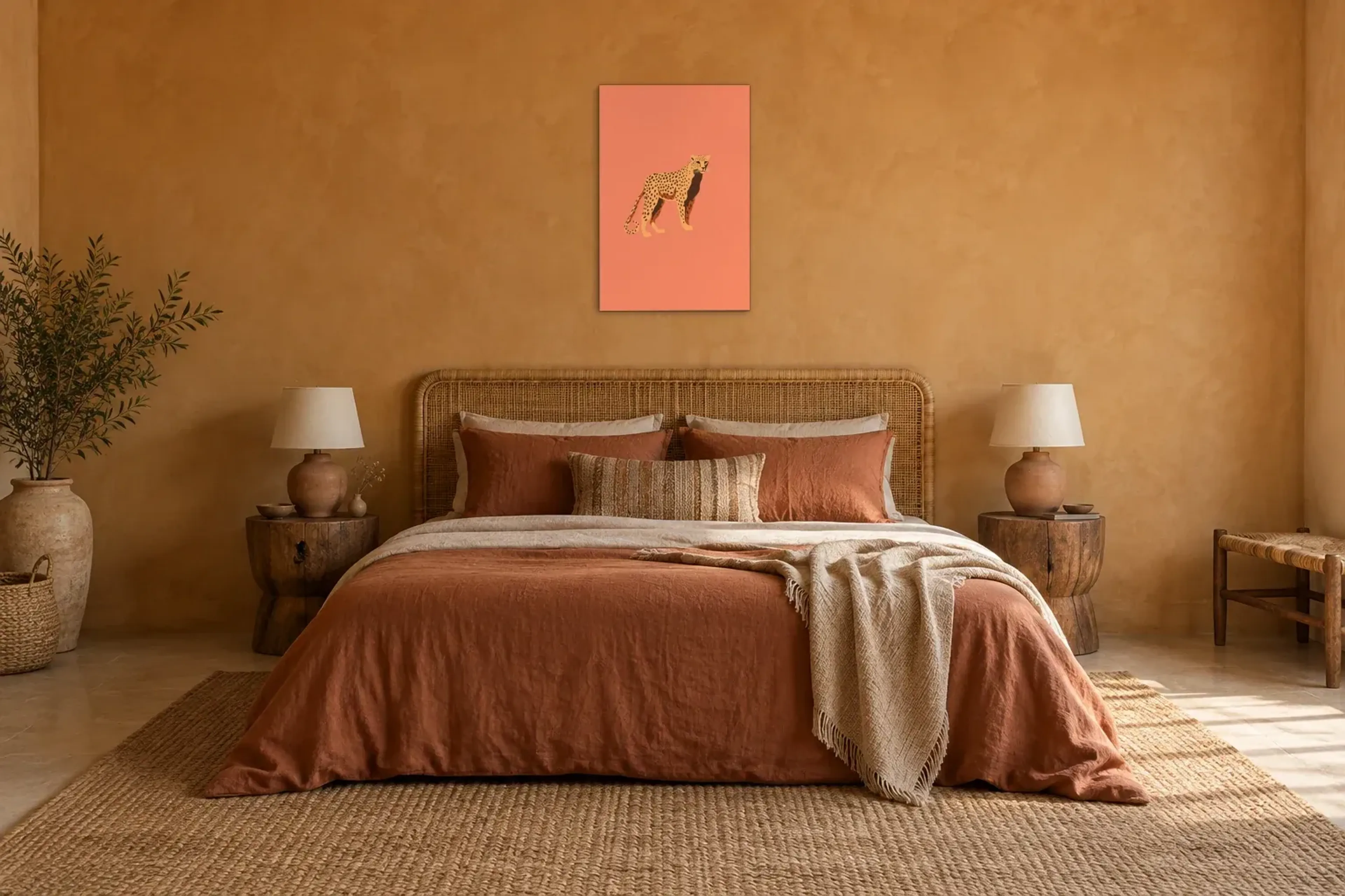 Gepard auf Rosa als Wandbild über einem 180-cm-Bett