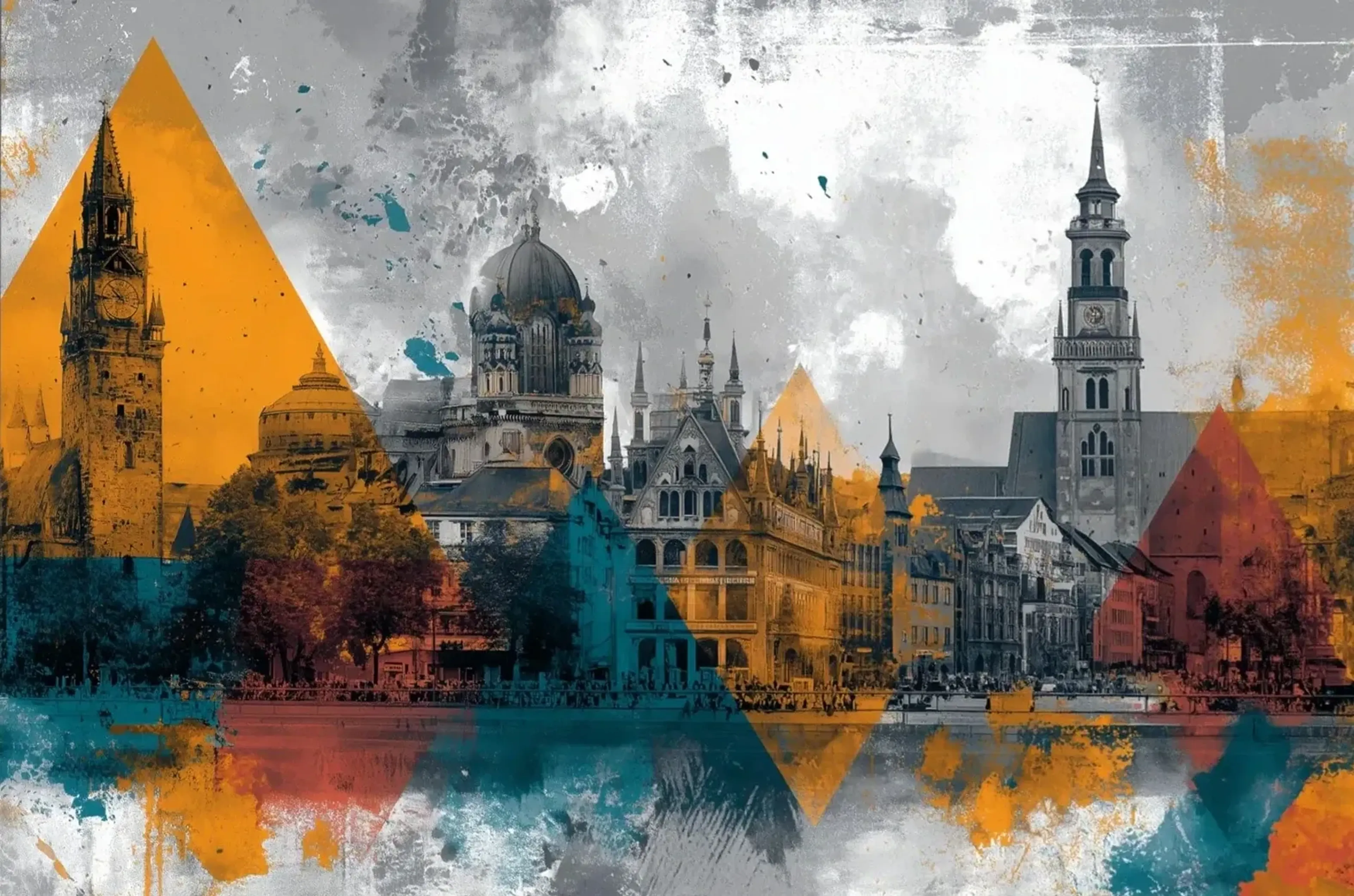 Stadtcollage mit Türmen und Kuppeln, überlagert von gelben, petrolfarbenen und roten Dreiecken auf Grau und Weiß.