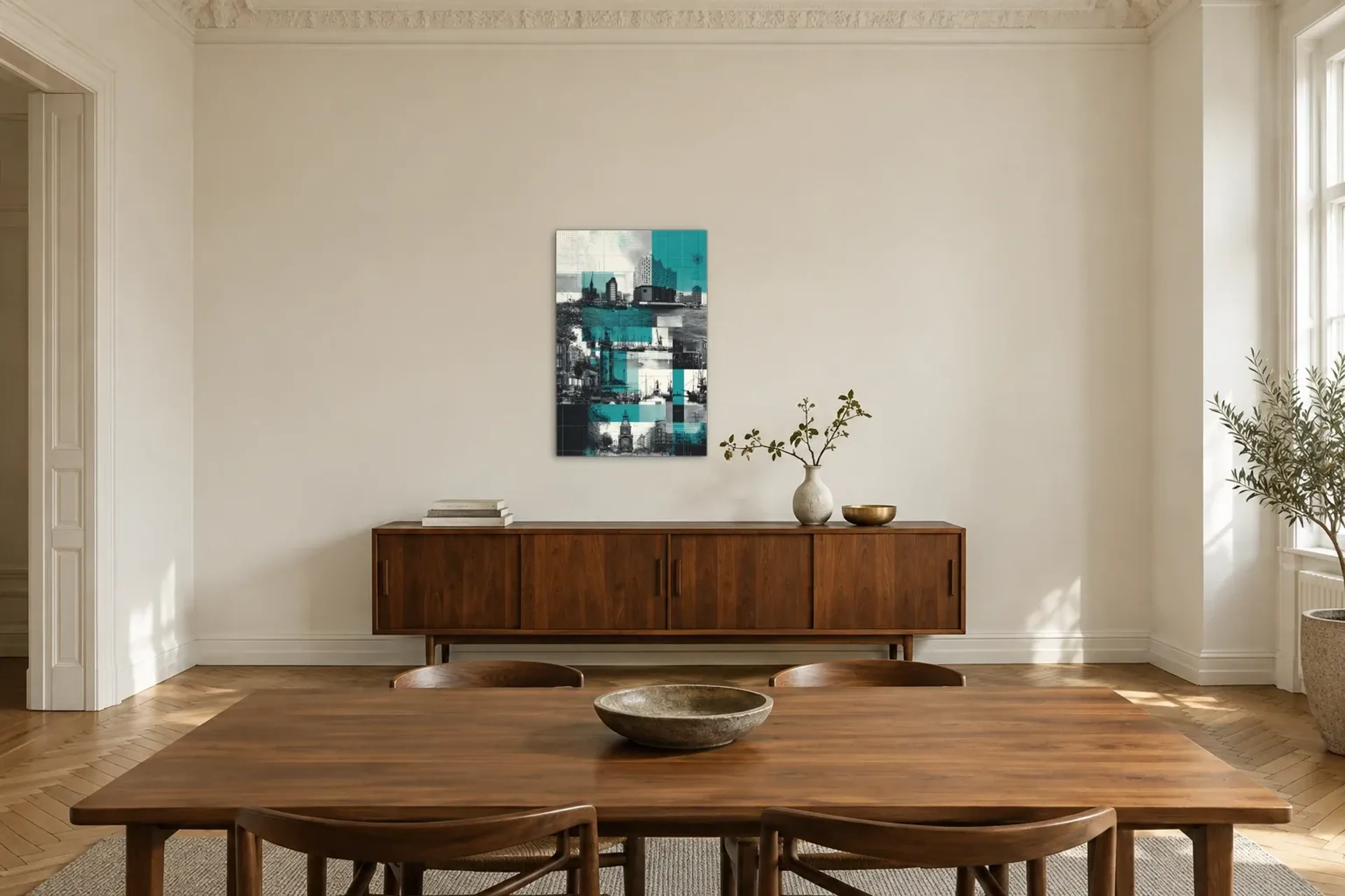 Hamburg in Türkis als Wandbild über einem 200-cm-Sideboard
