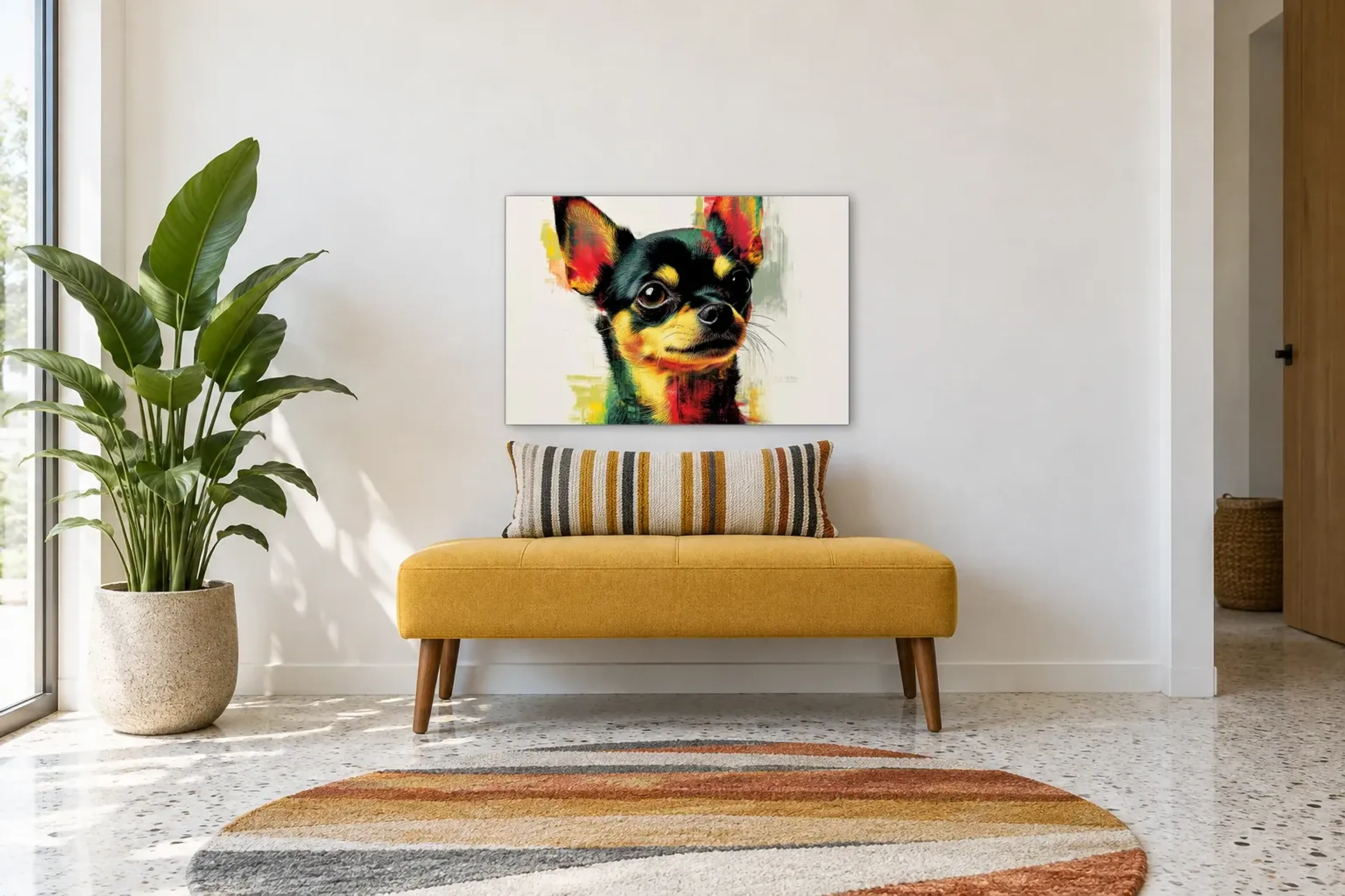 Chihuahua mit wachem Blick als Wandbild über einer 120-cm-Bank