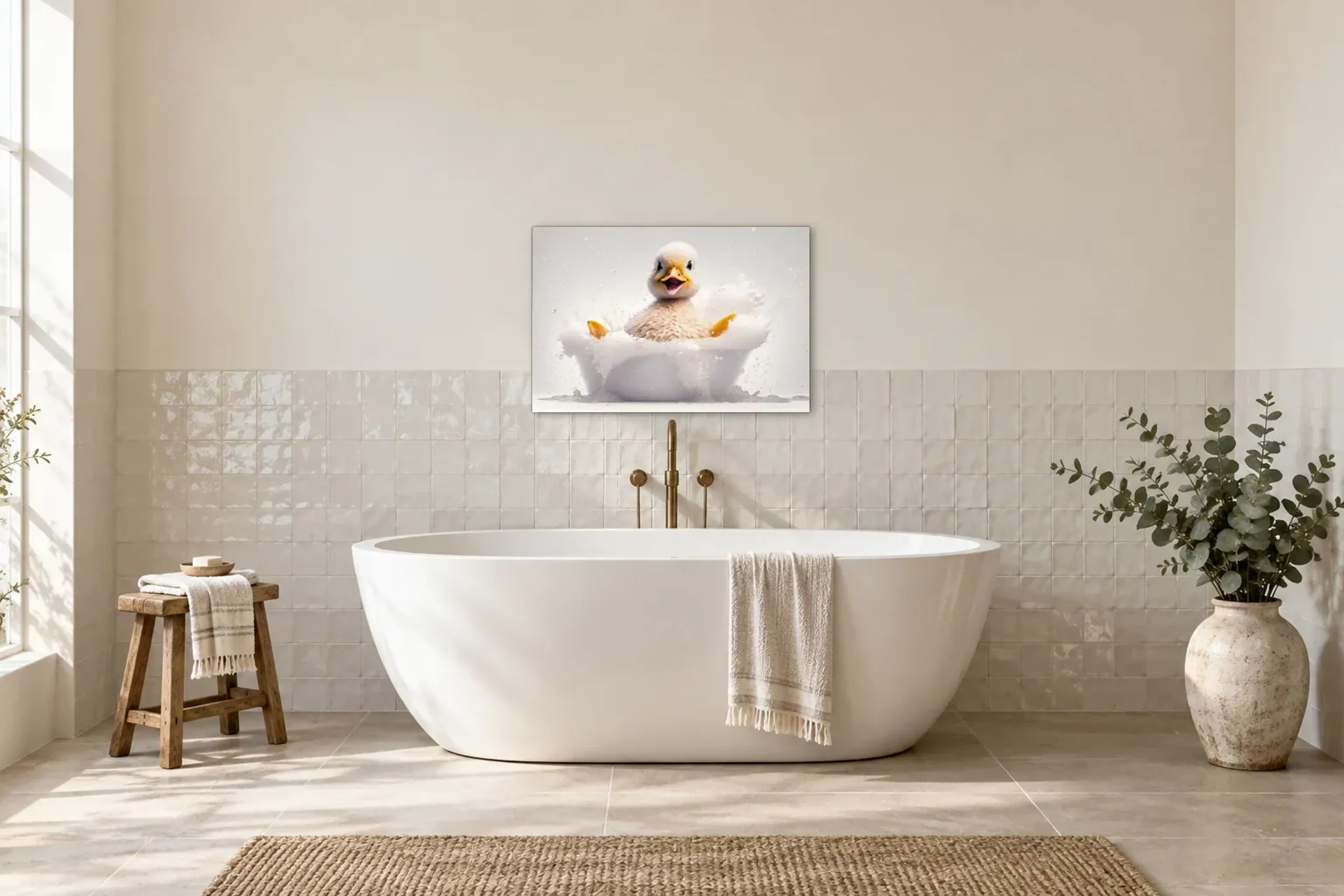 Entchen im Schaumbad als Wandbild über einer 170-cm-Badewanne