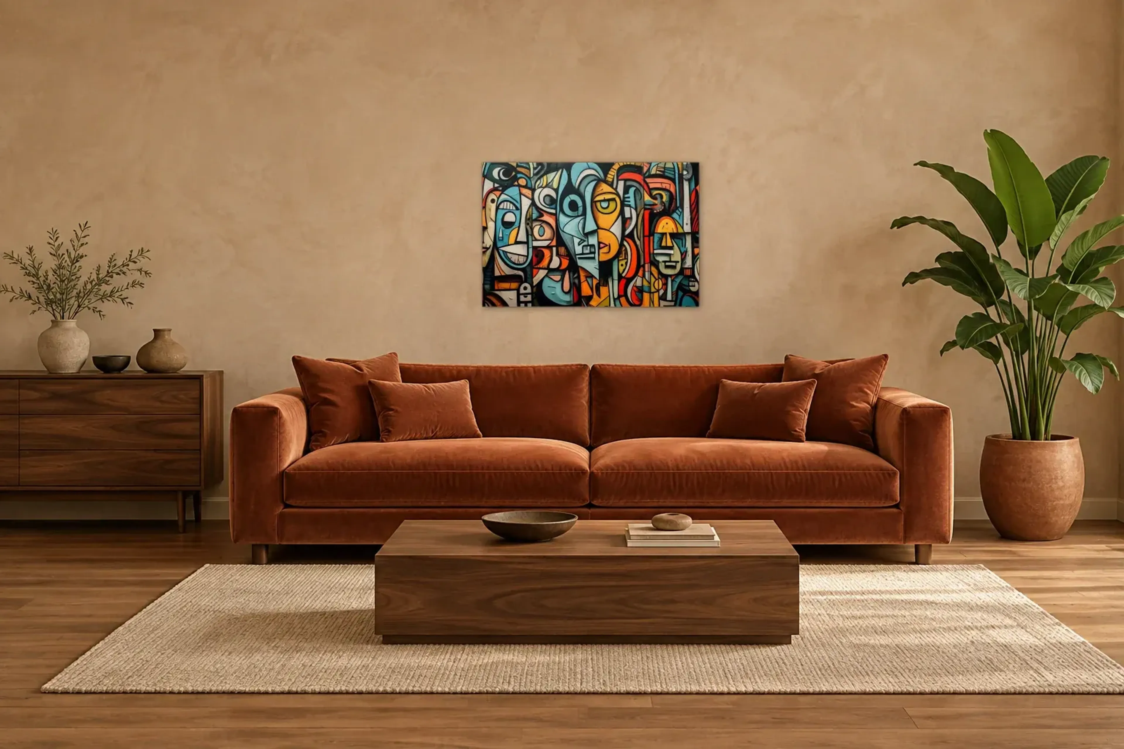 Gesichter im Formenspiel als Wandbild über einem 220-cm-Sofa