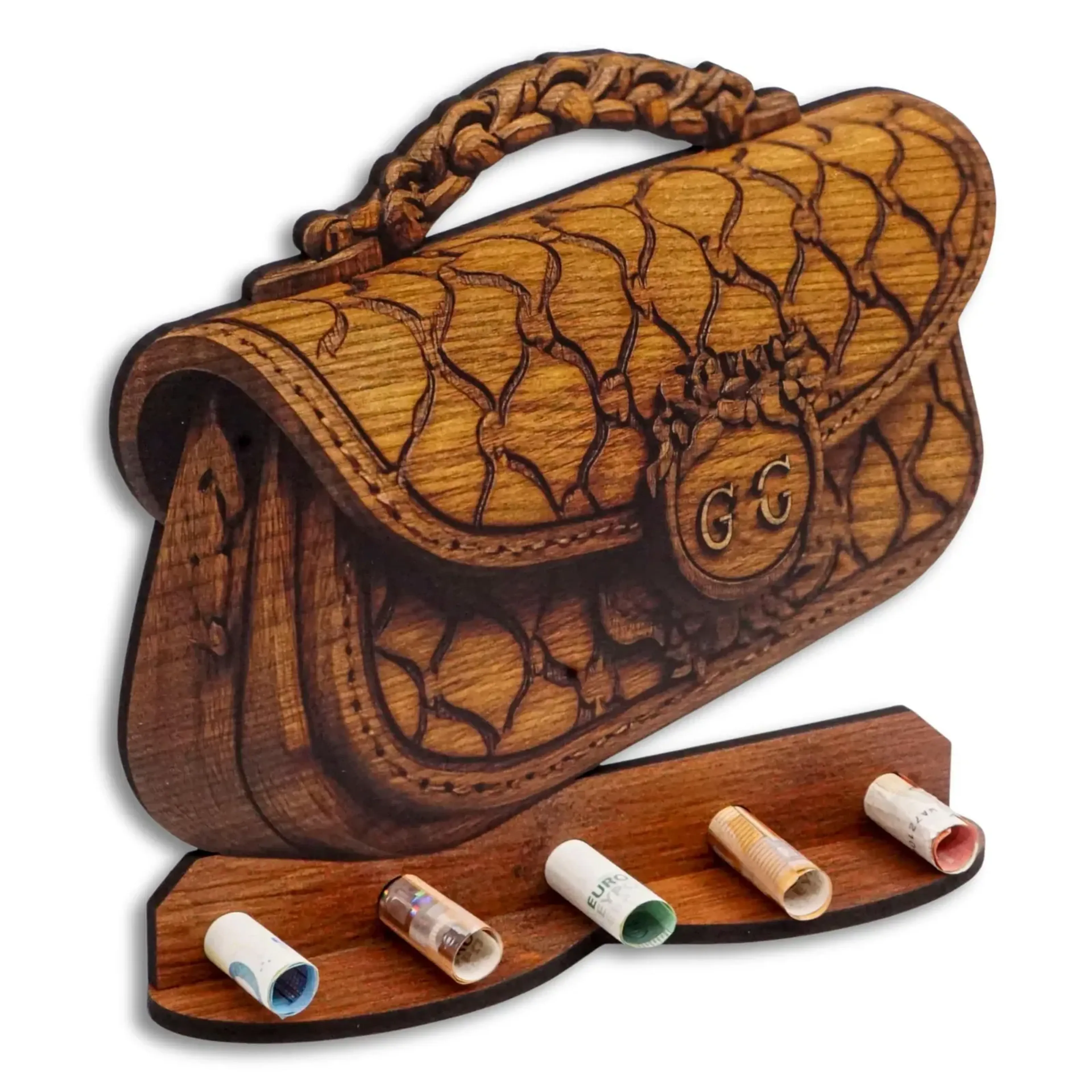 Handtasche in Holzoptik mit Kettenhenkel und verziertem Verschluss, davor fünf gerollte Geldscheine.