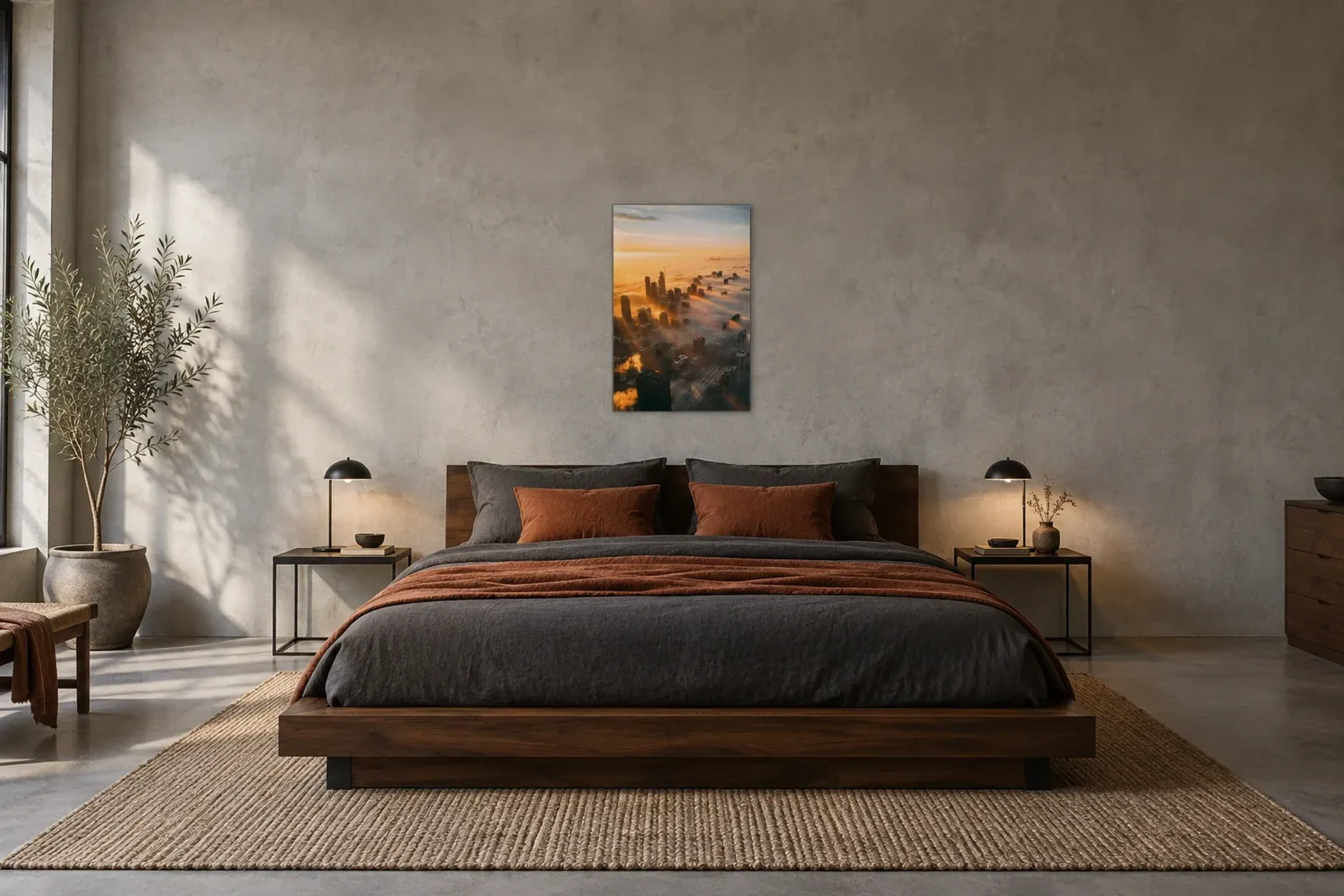 Hochhäuser im goldenen Nebel als Wandbild über einem 180-cm-Bett