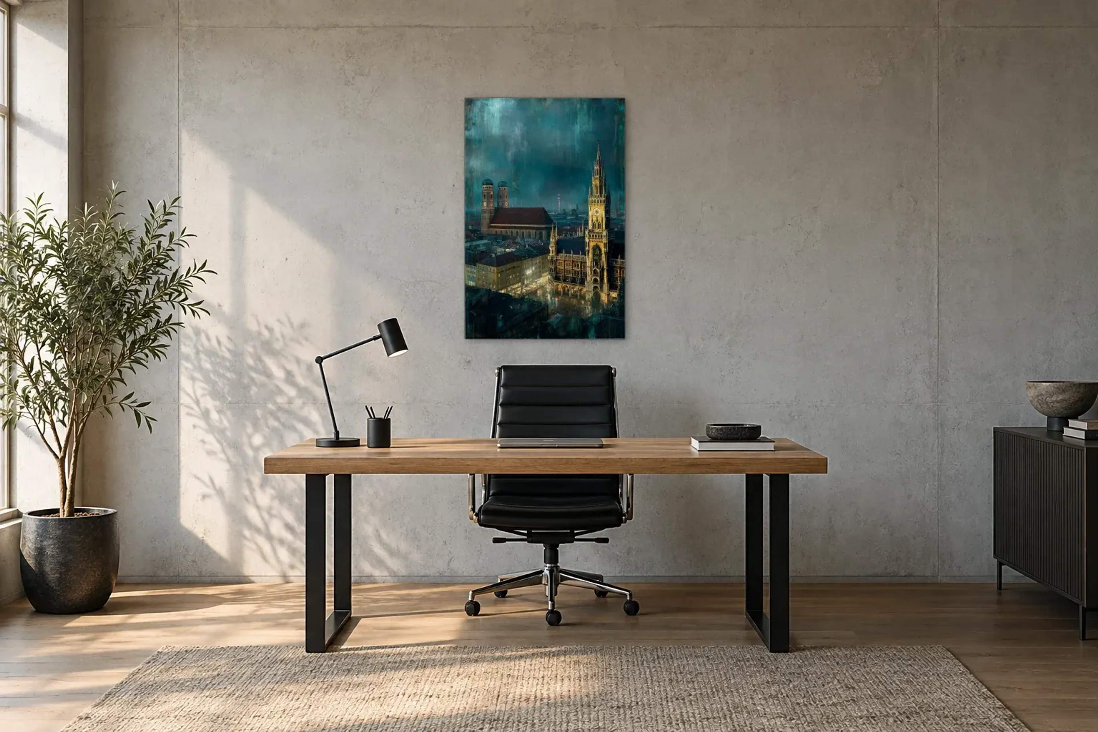 Marienplatz im Abendlicht als Wandbild über einem 160-cm-Schreibtisch