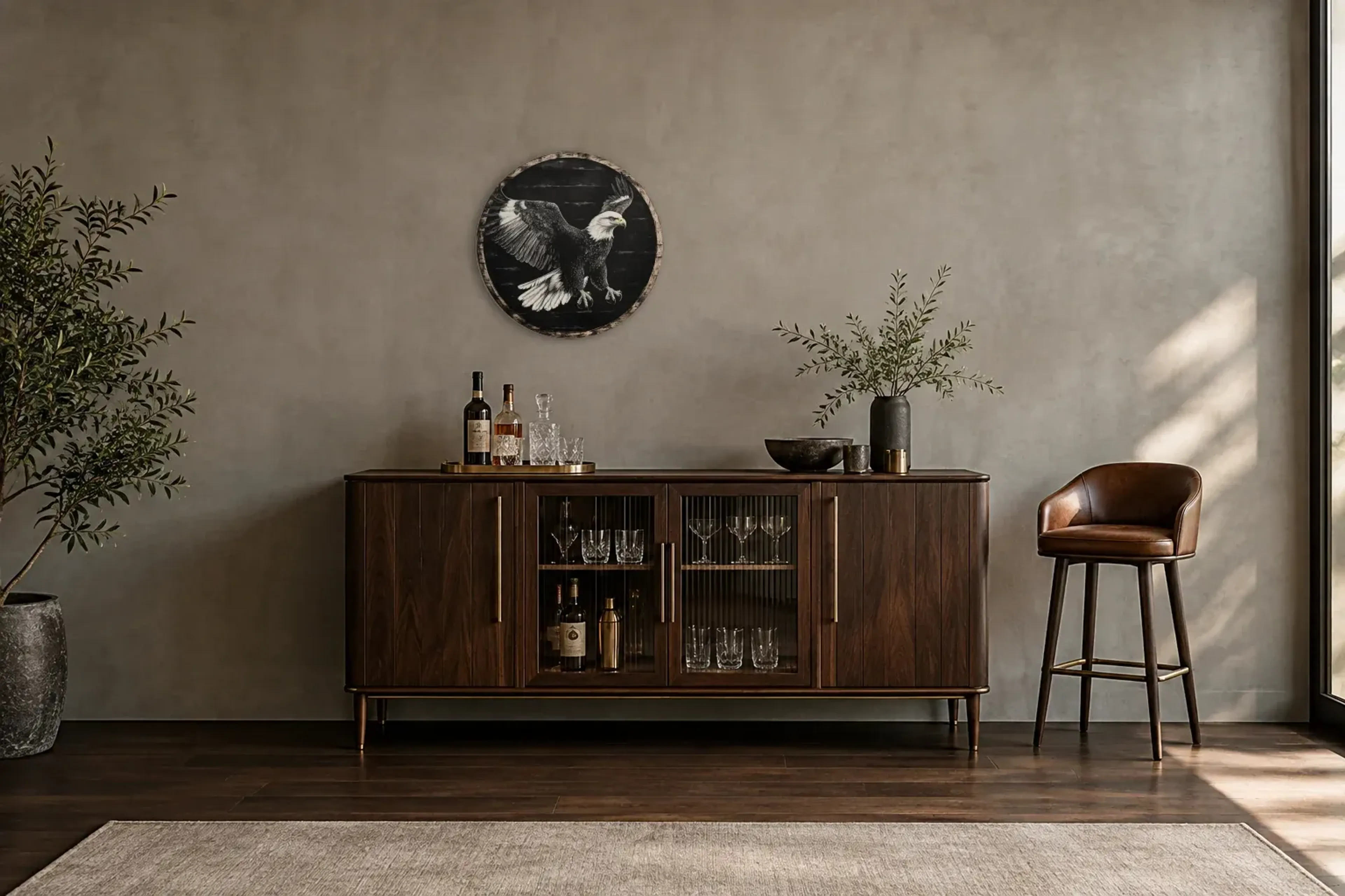 Adler im Anflug als Wandbild über einem 150-cm-Barschrank