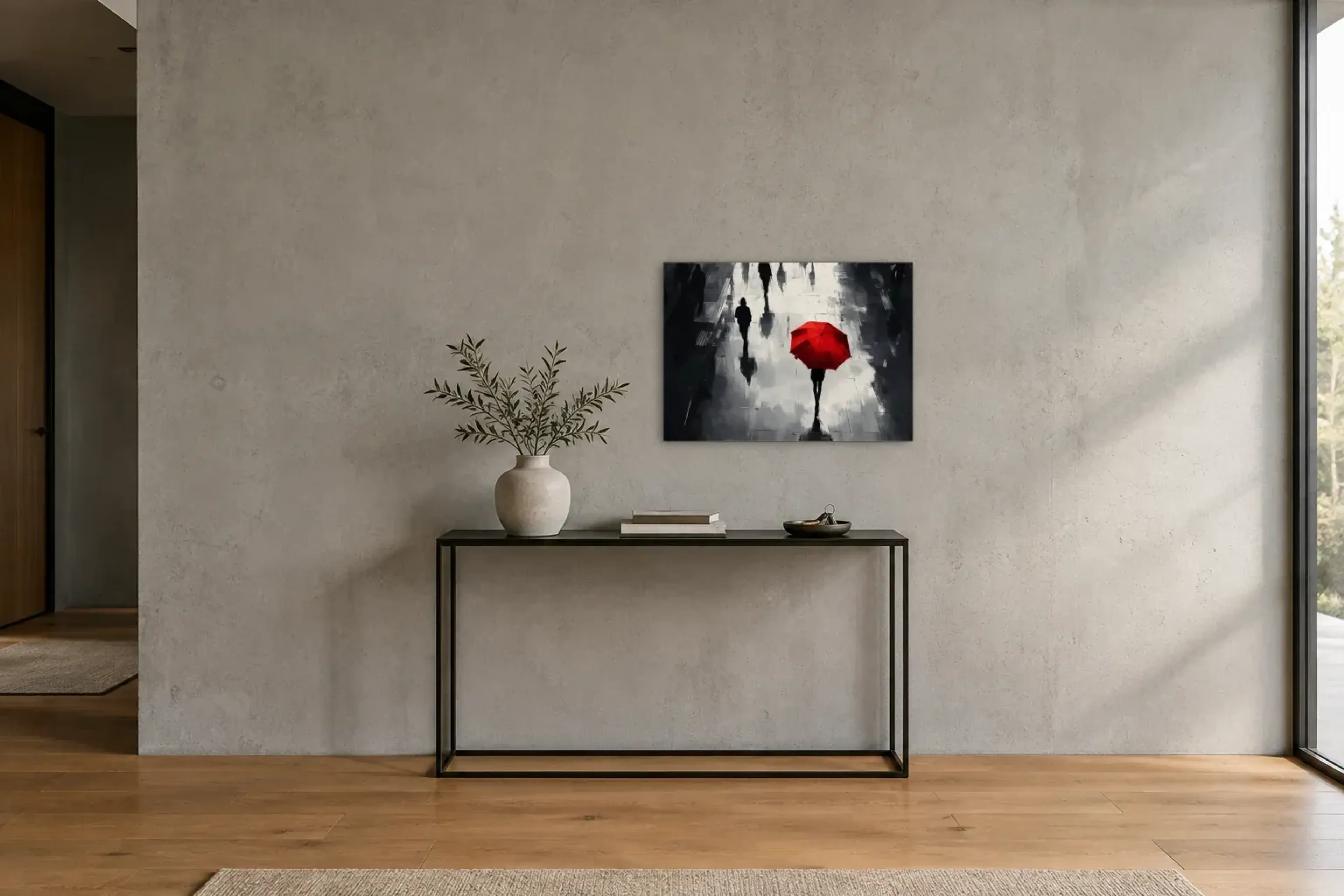 Spaziergang unter rotem Schirm als Wandbild über einer 120-cm-Konsole