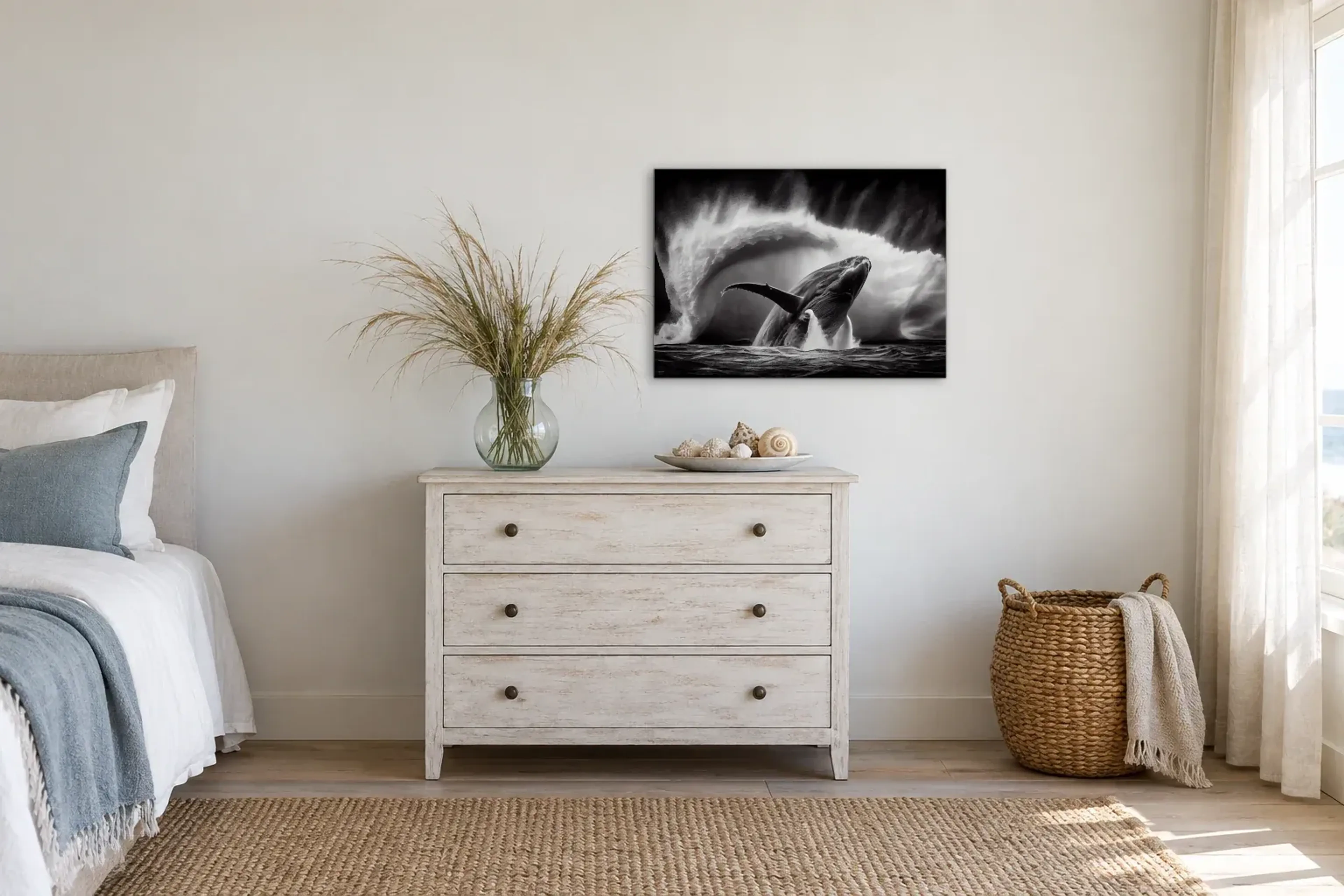 Wal in Schwarz-Weiß als Wandbild über einer 90-cm-Kommode