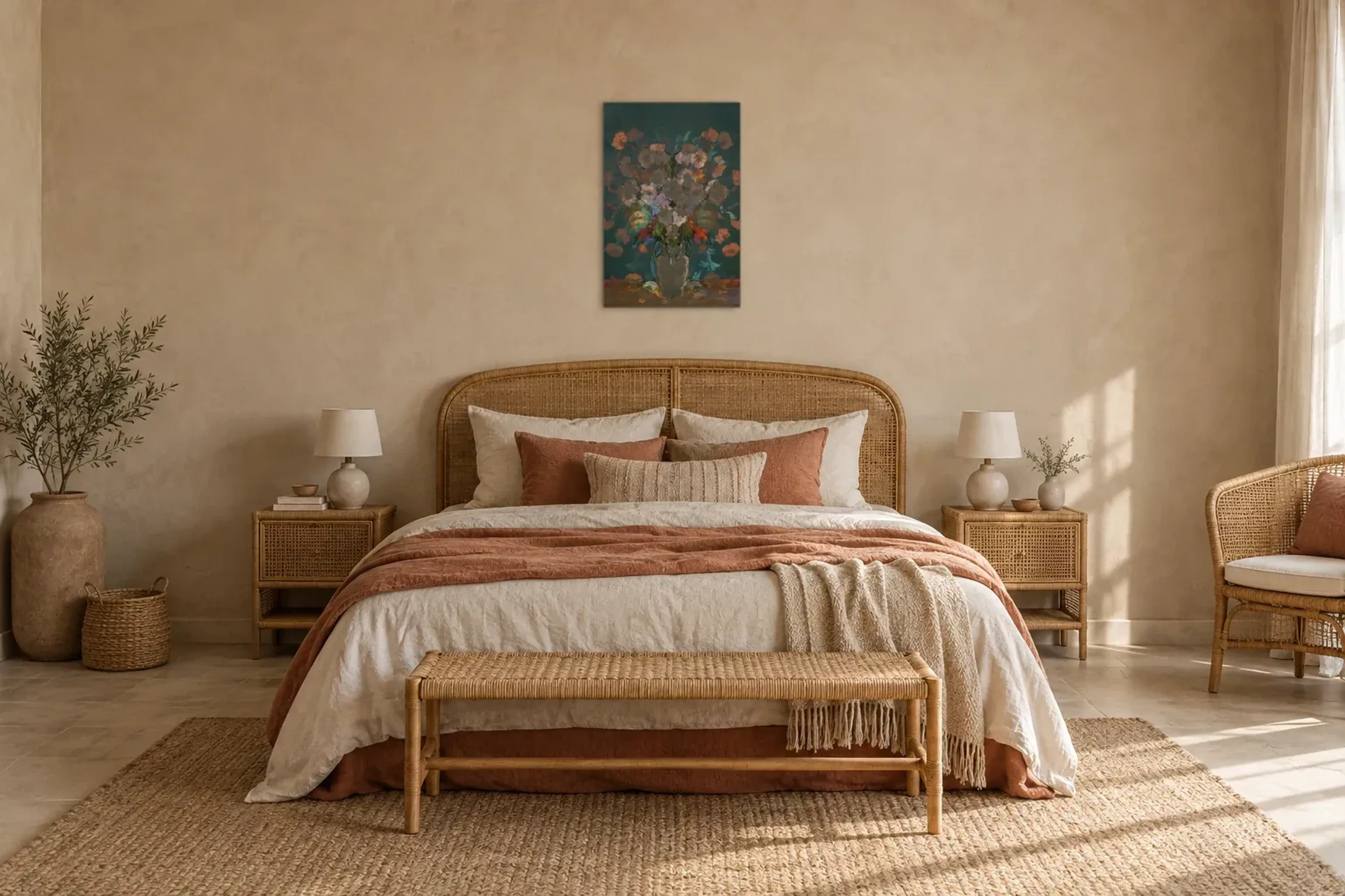 Blumen im Dämmerlicht als Wandbild über einem 180-cm-Bett