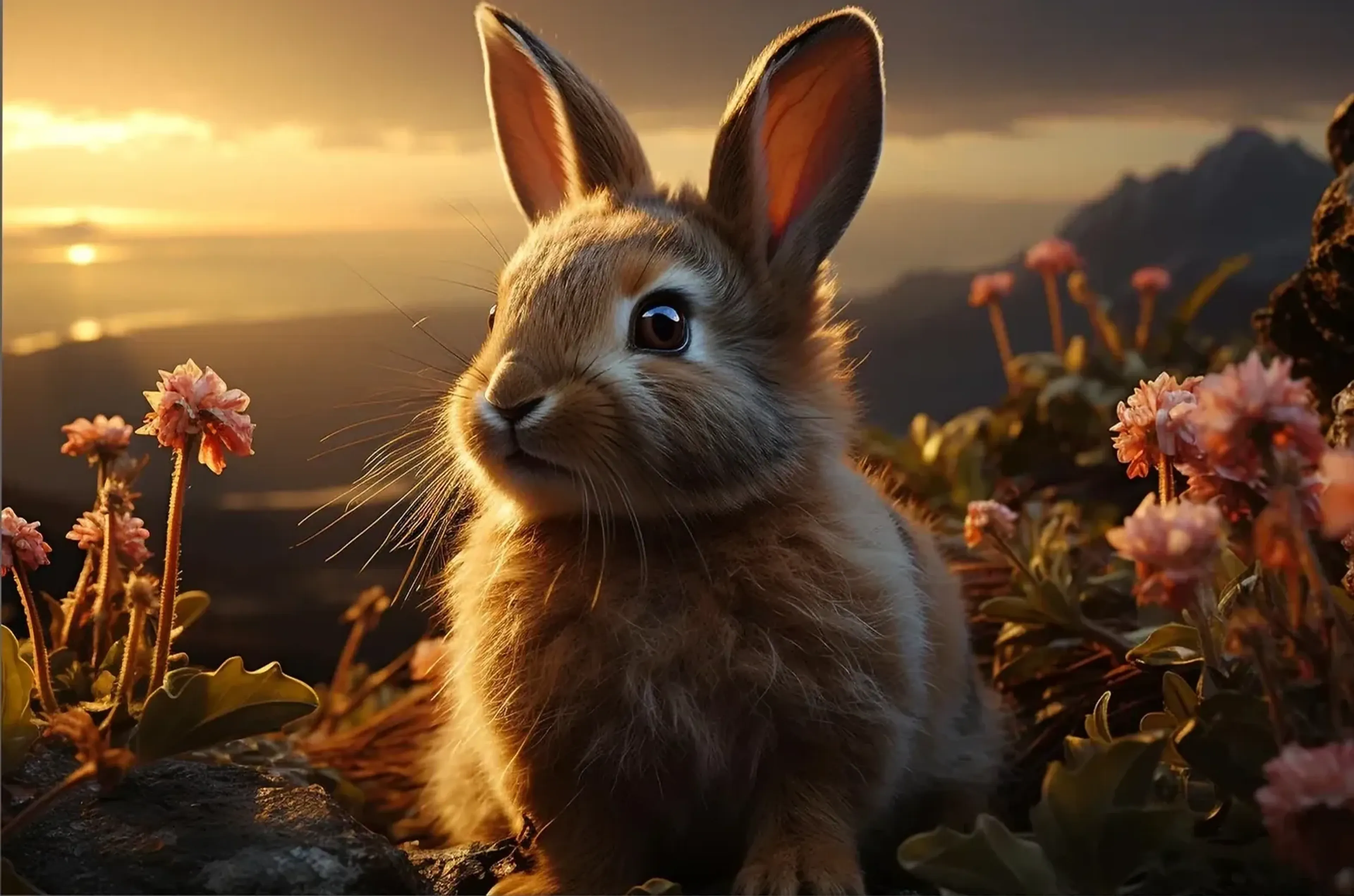 Braunes Kaninchen zwischen Felsen und rosa Blüten vor einer Berglandschaft im goldenen Abendlicht.