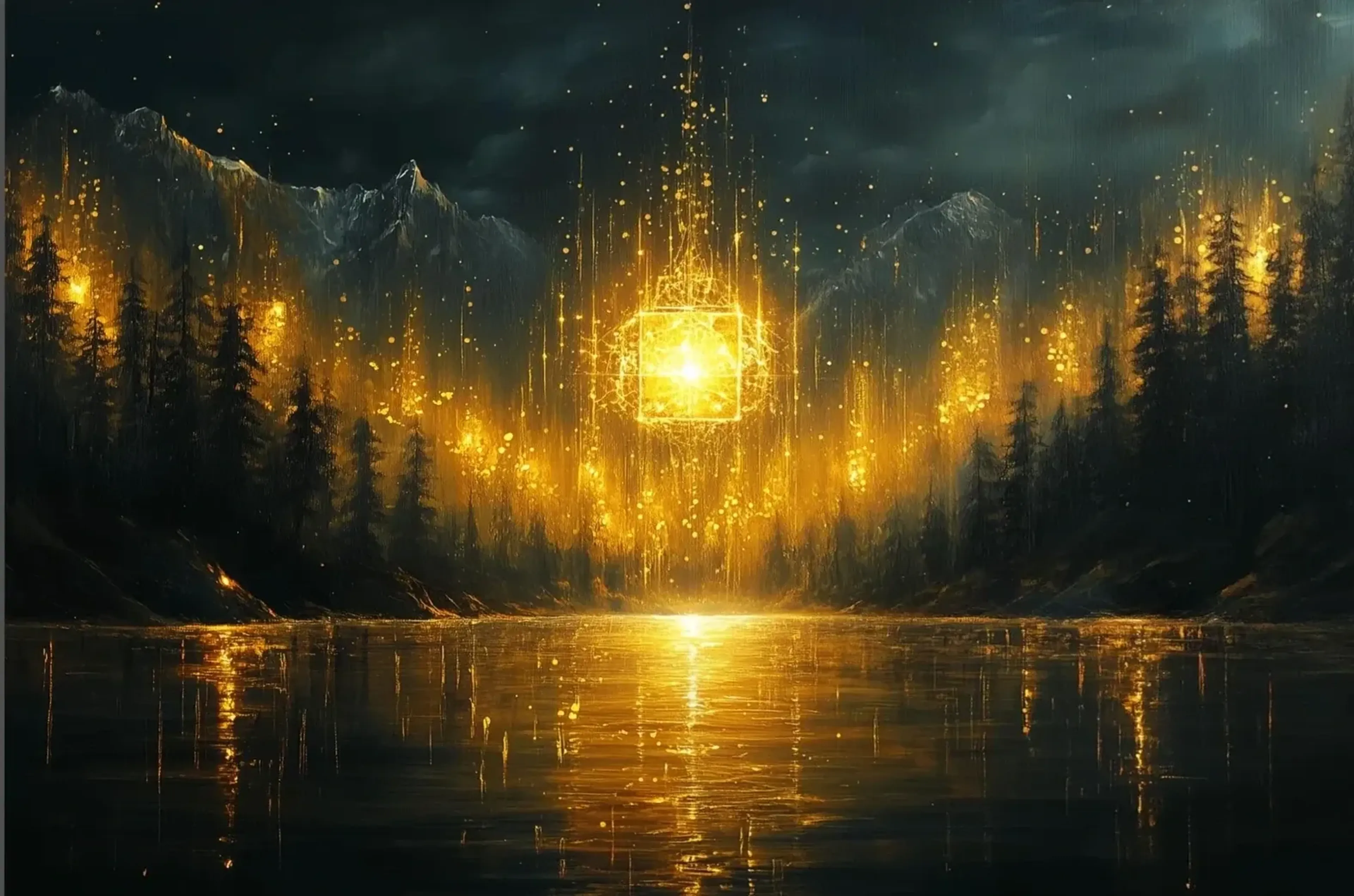 Ein goldener Würfel schwebt über einem dunklen Bergsee zwischen Nadelwäldern und fallenden Lichtfunken.