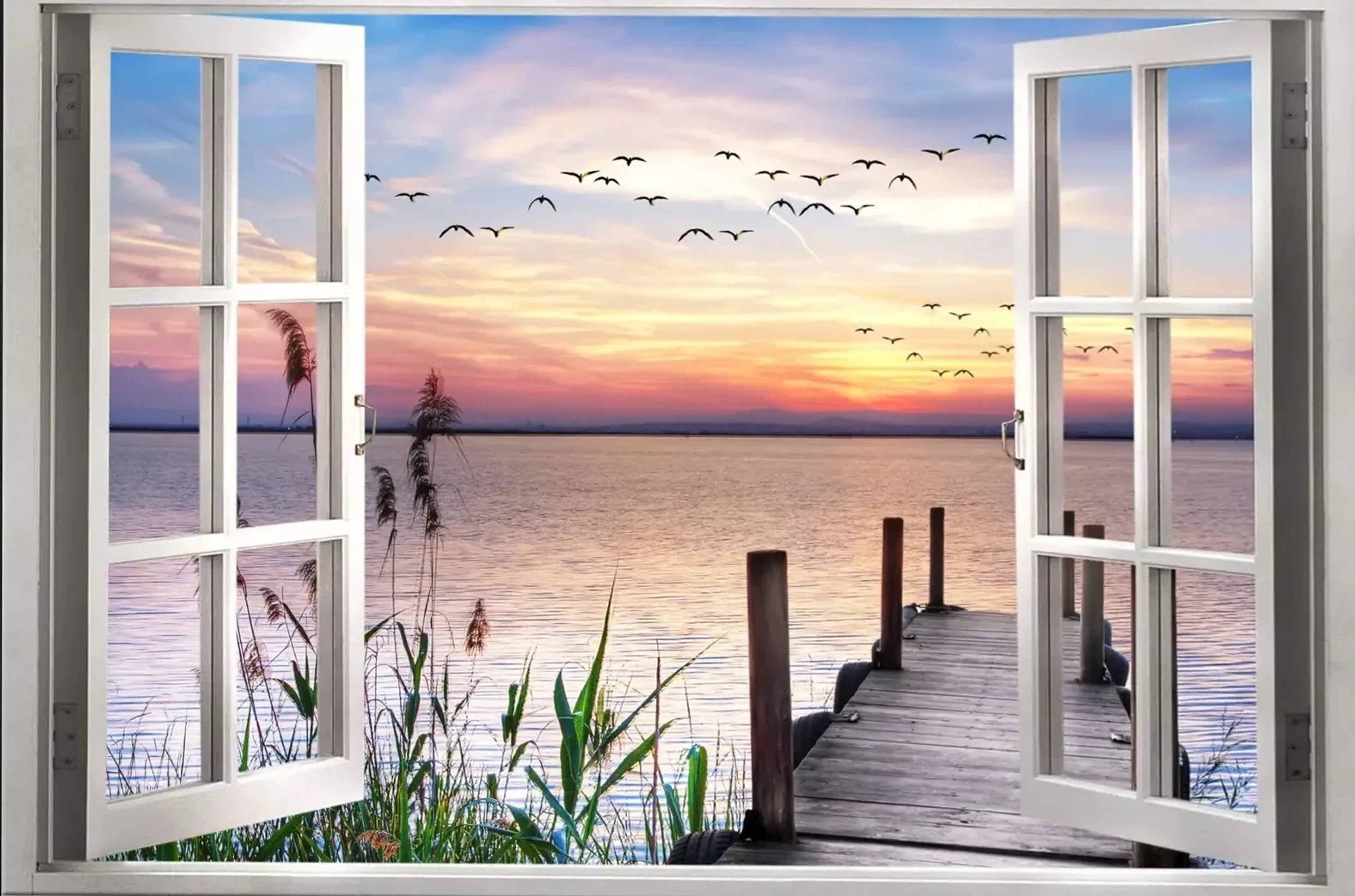 Schilf am See – Motiv als Wandbild auf Holz