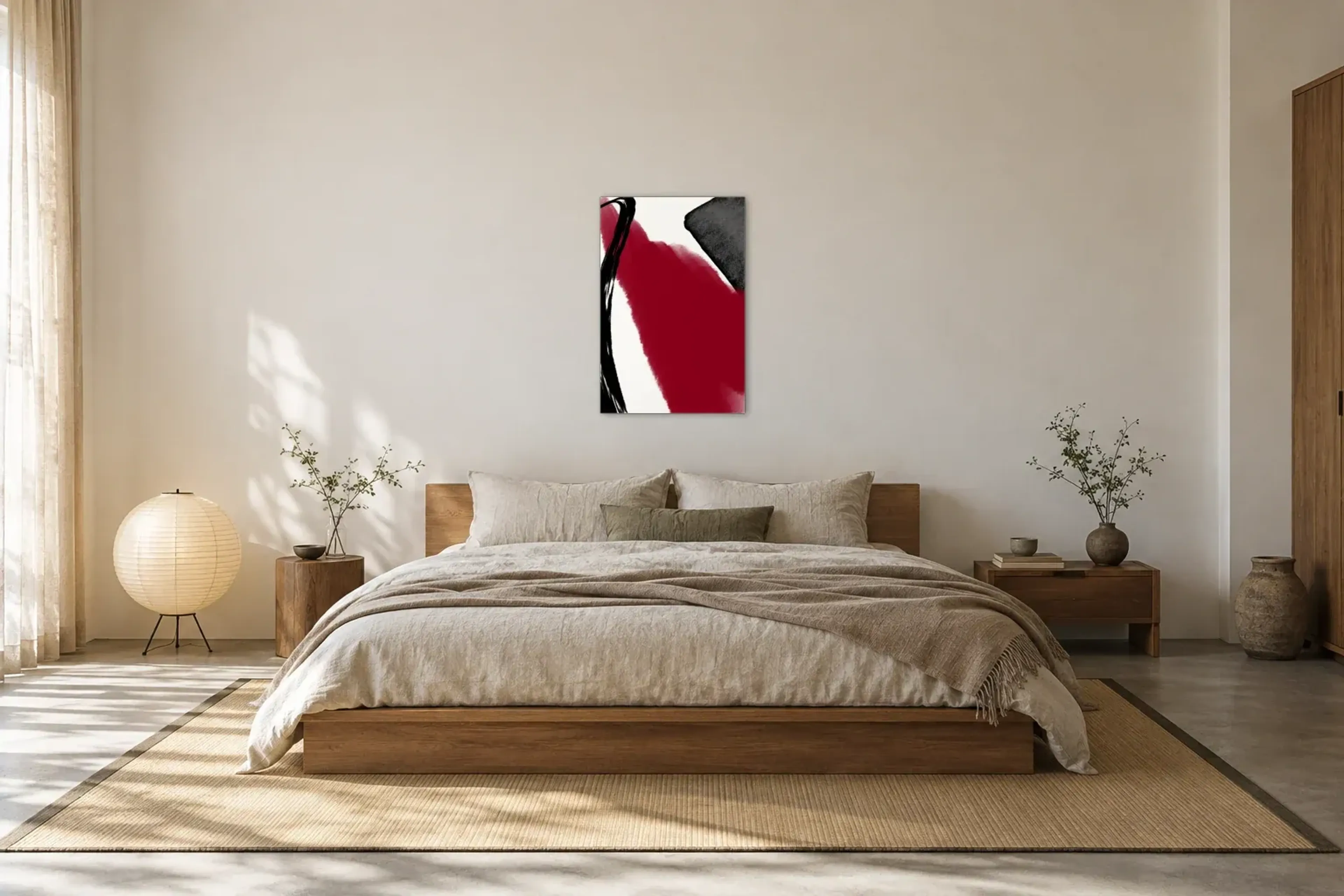 Rot in Bewegung als Wandbild über einem 180-cm-Bett