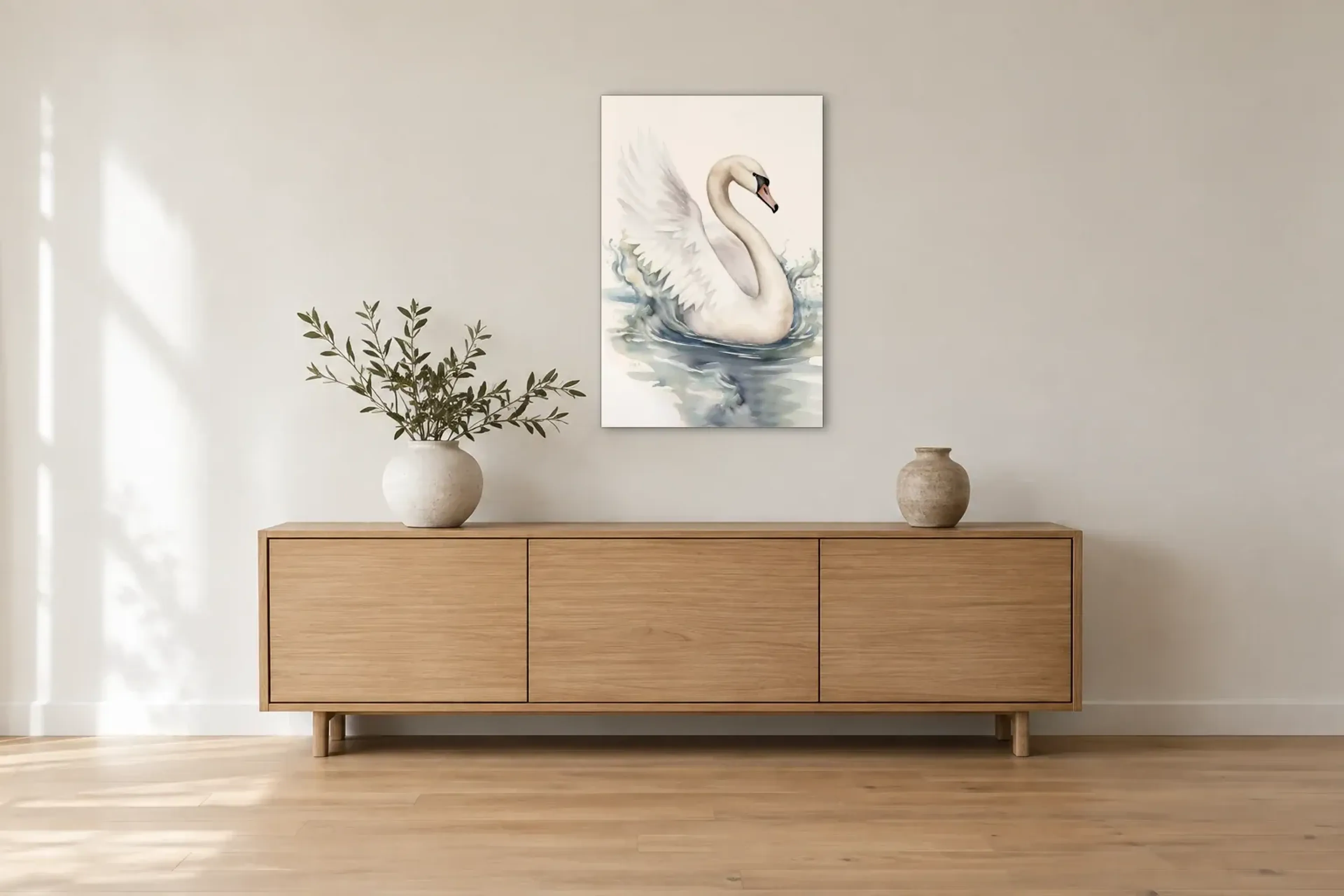 Schwan mit geöffneten Flügeln als Wandbild über einem 180-cm-Sideboard