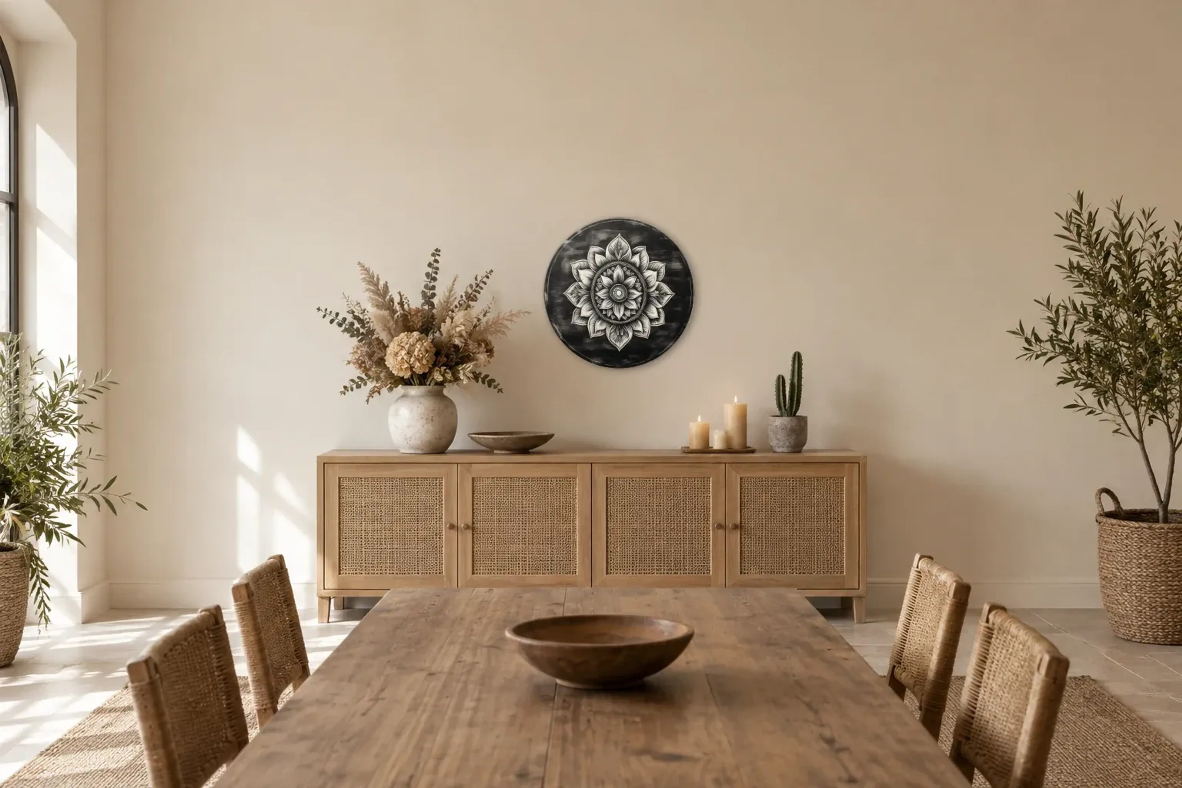 Florales Mandala als Wandbild über einem 160-cm-Sideboard
