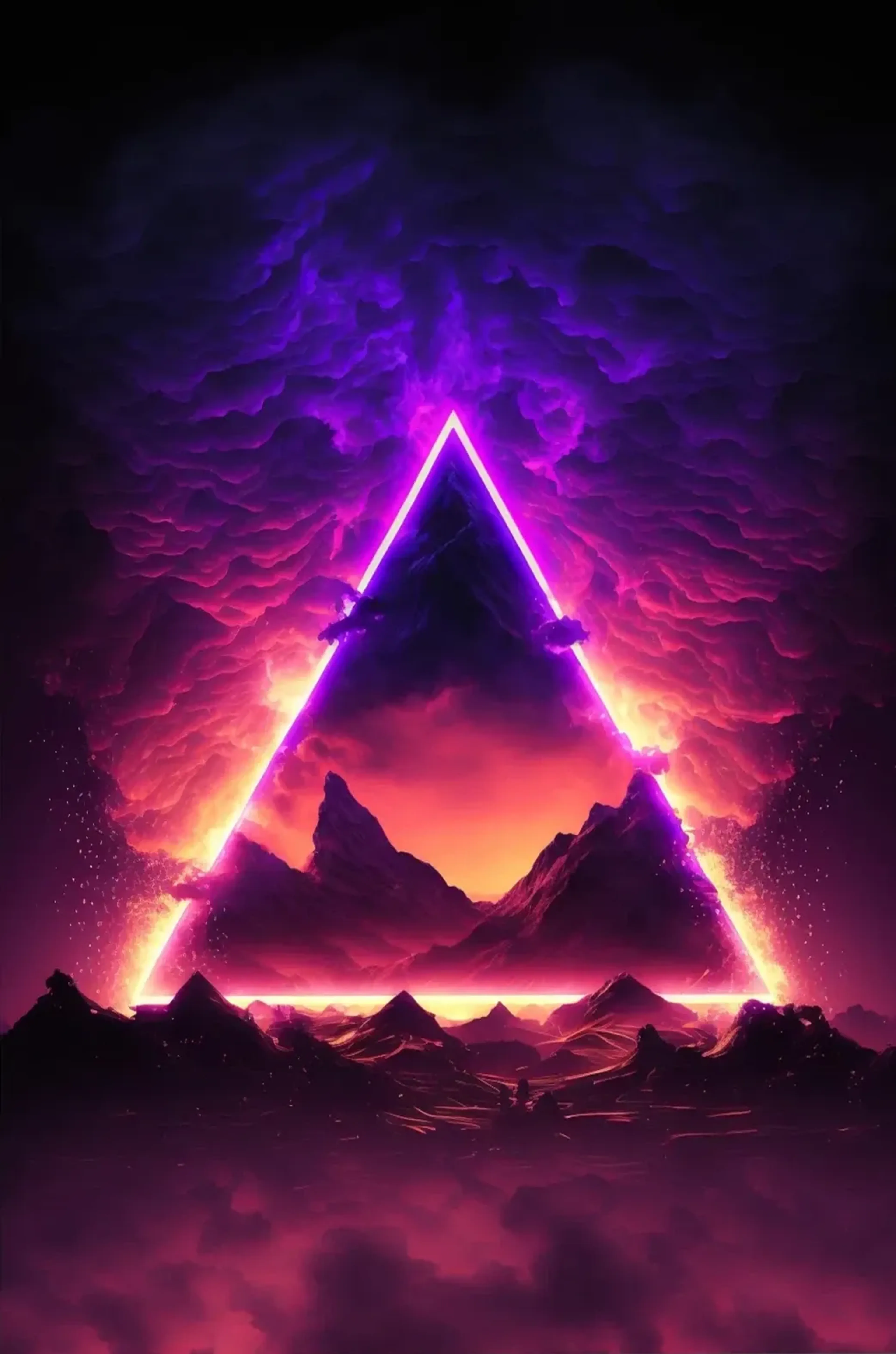 Ein leuchtendes Dreieck umrahmt dunkle Bergspitzen unter violetten Wolken und orangefarbenem Himmel.