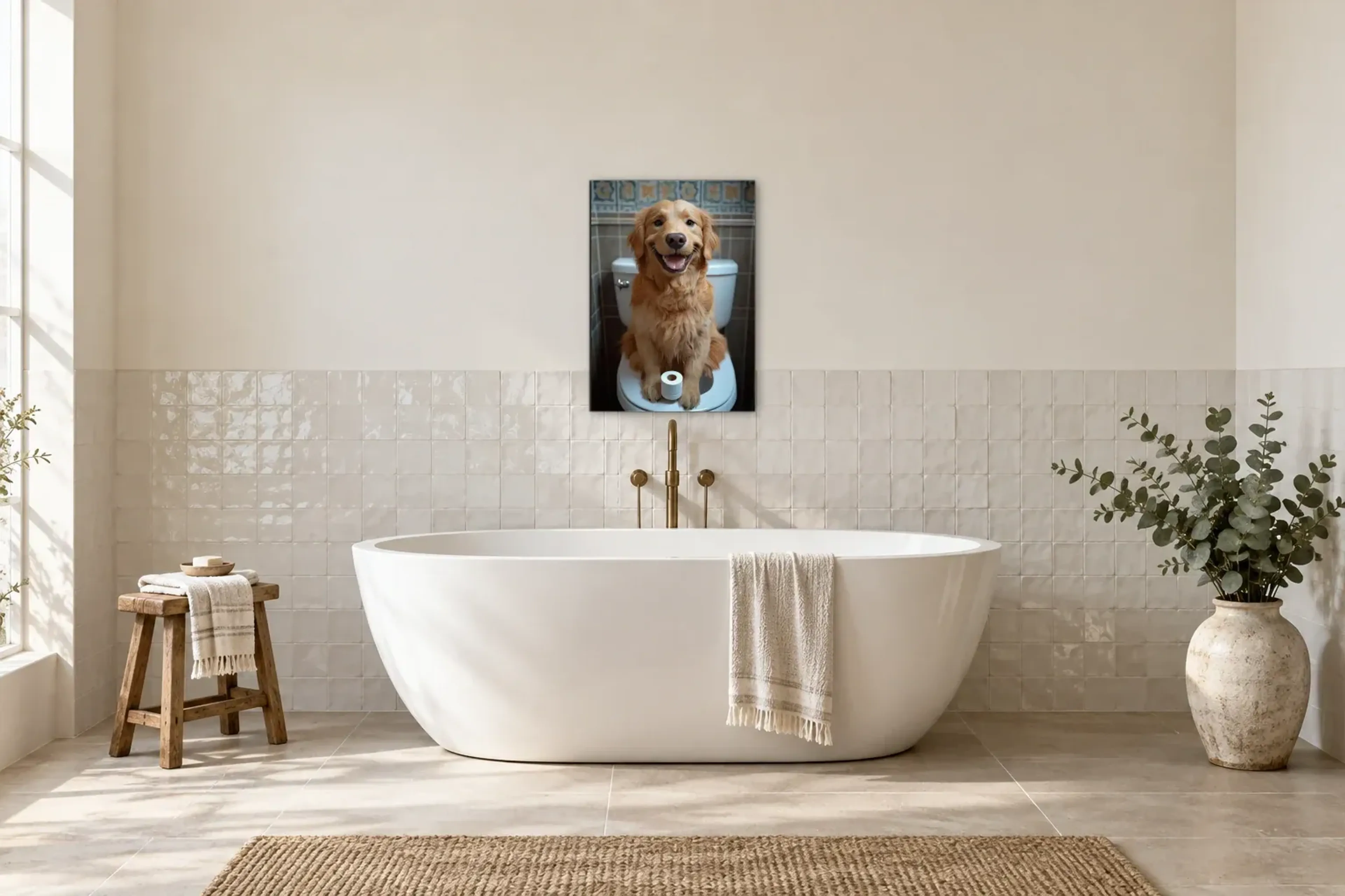 Golden Retriever als Wandbild über einer 170-cm-Badewanne
