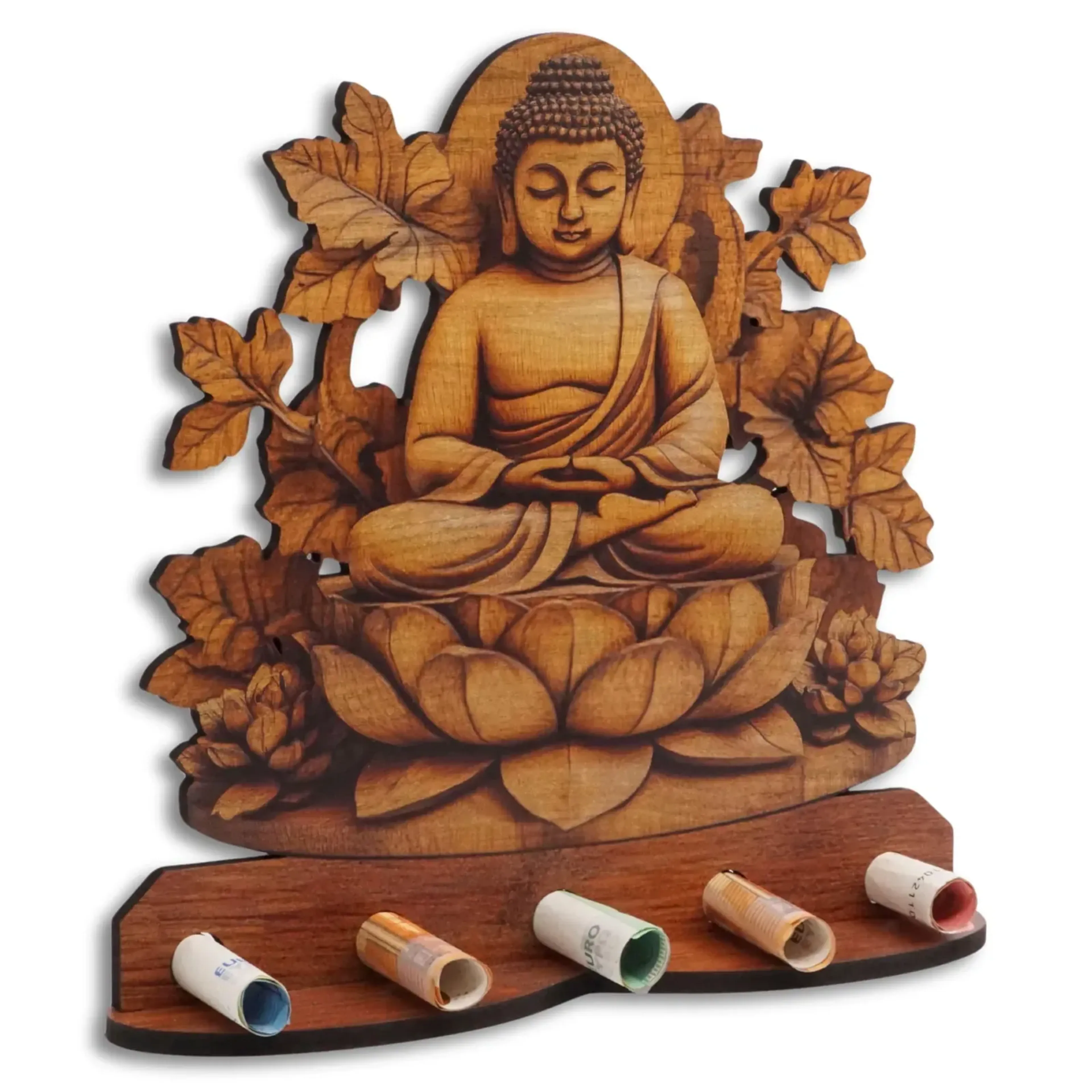 Sitzender Buddha auf einer Lotusblüte, umgeben von Blattwerk in Holzoptik, davor fünf gerollte Geldscheine.