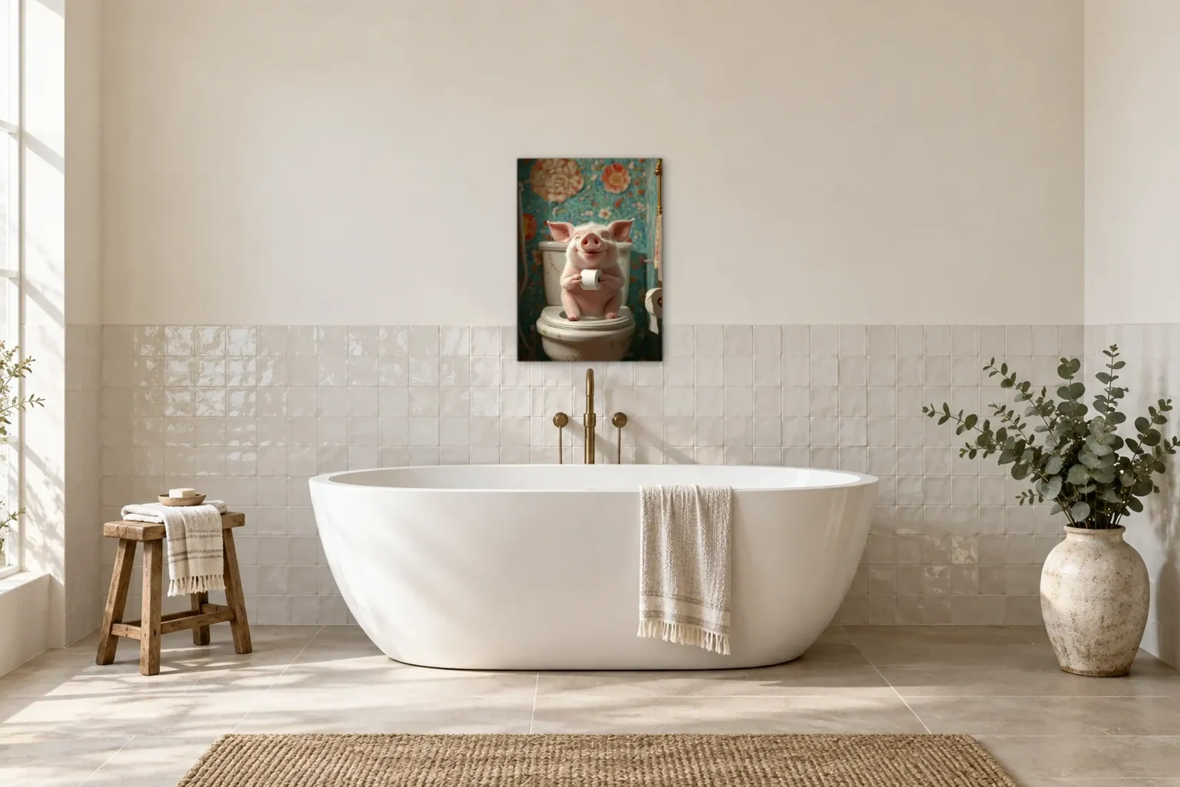 Schwein vor Blumentapete als Wandbild über einer 170-cm-Badewanne