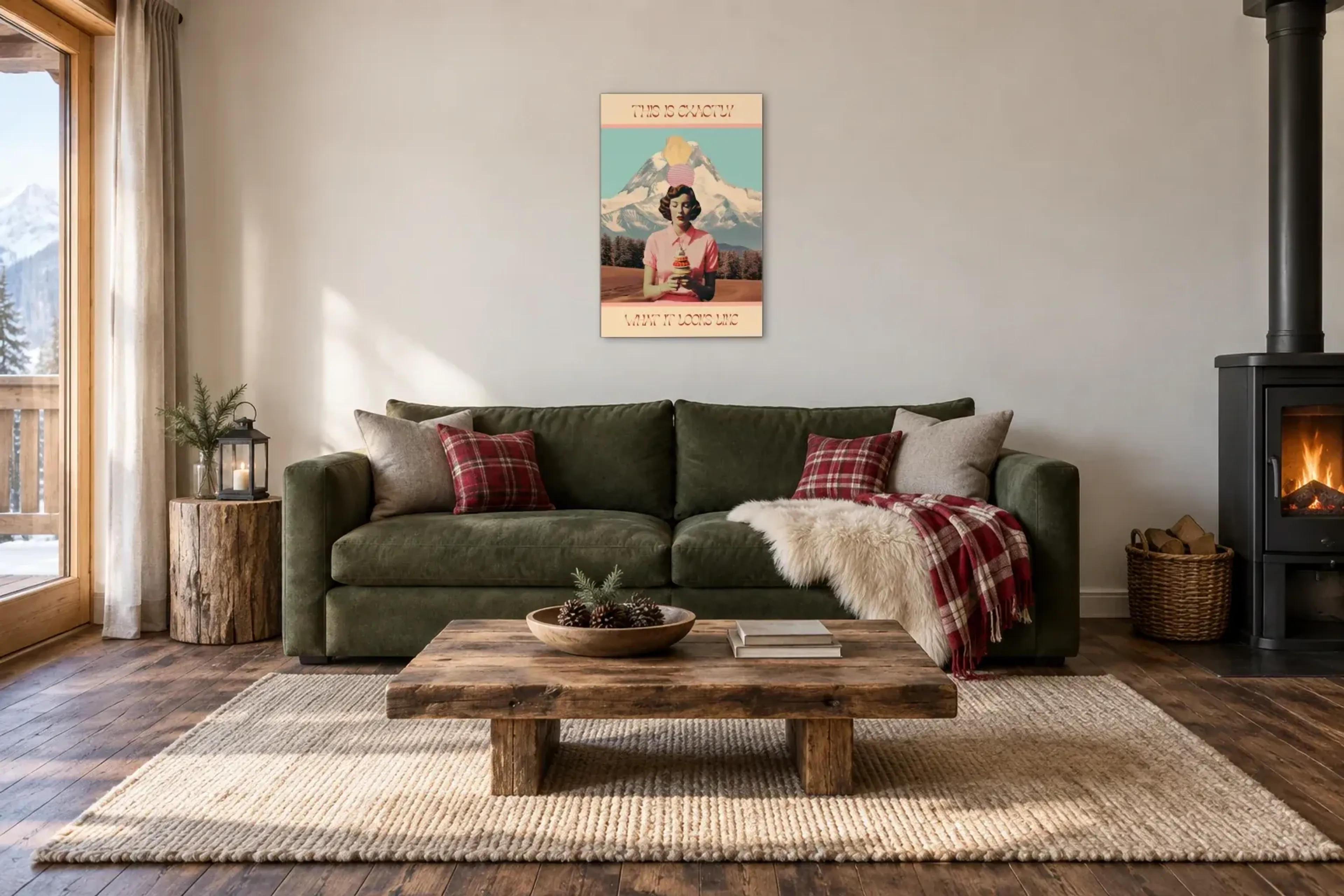 Frau mit Dessert als Wandbild über einem 220-cm-Sofa