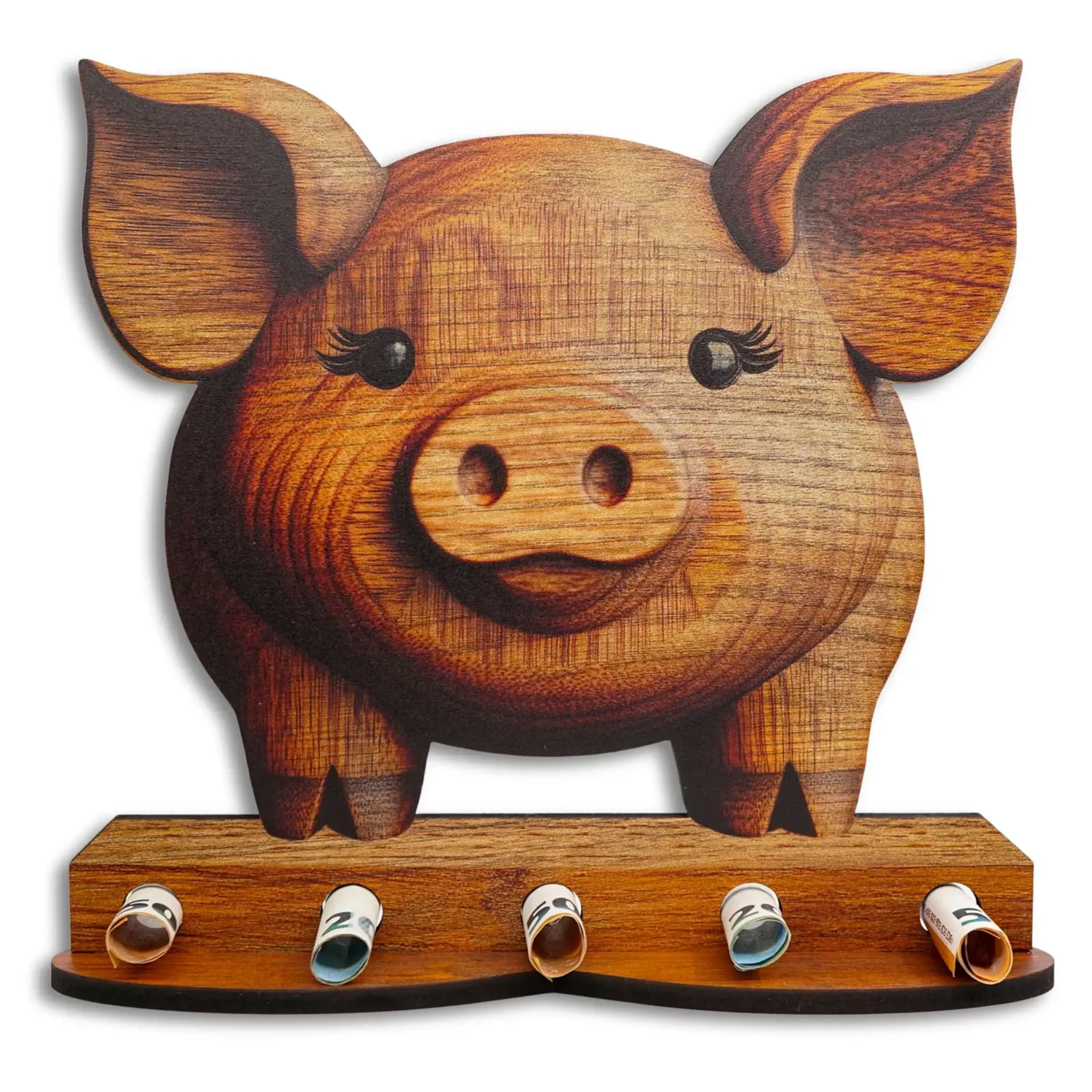 Lächelndes Schwein mit großen Ohren und runder Schnauze auf einem Holzsockel mit fünf gerollten Geldscheinen.