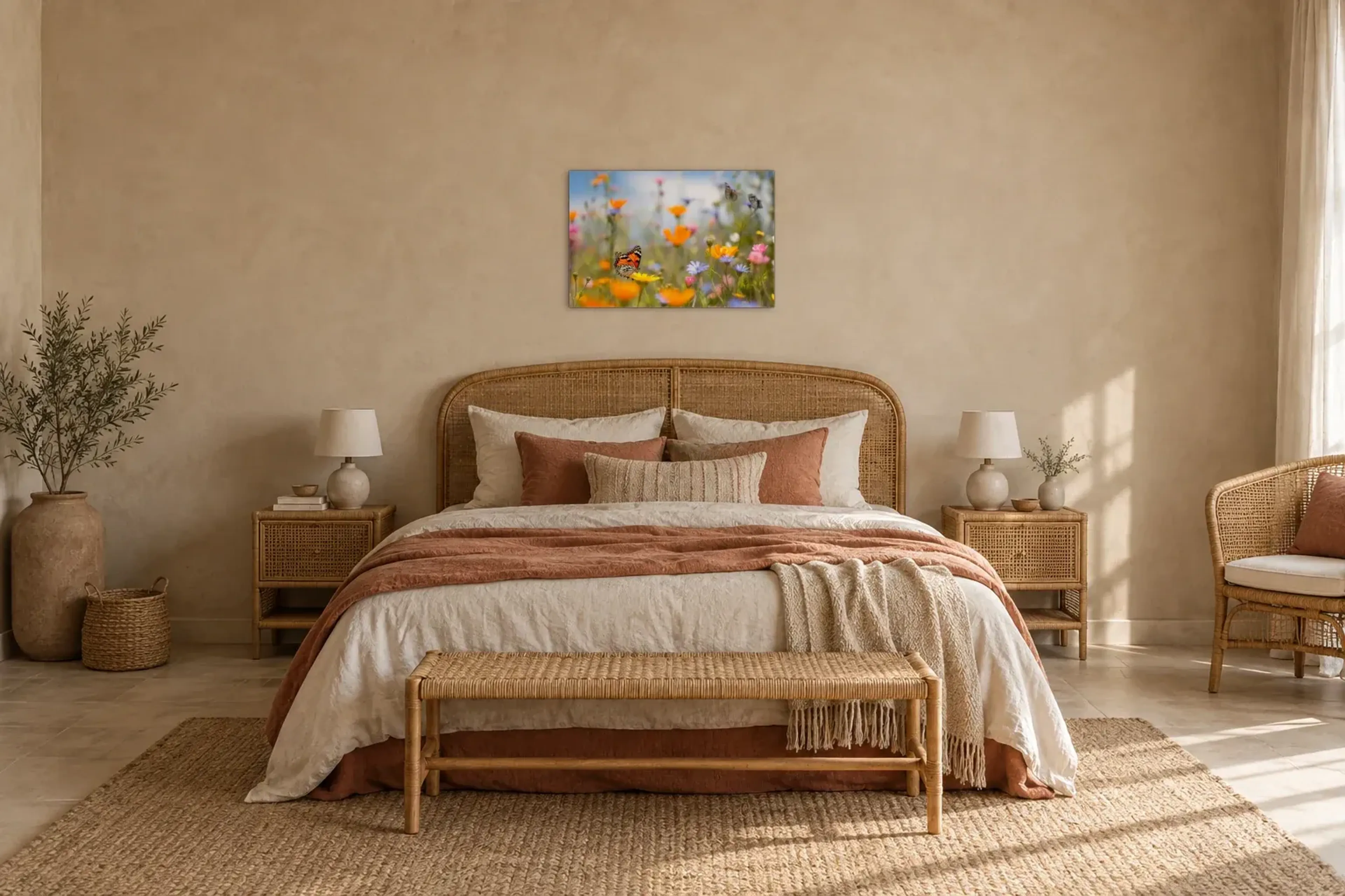 Blumenwiese Schmetterling als Wandbild über einem 180-cm-Bett