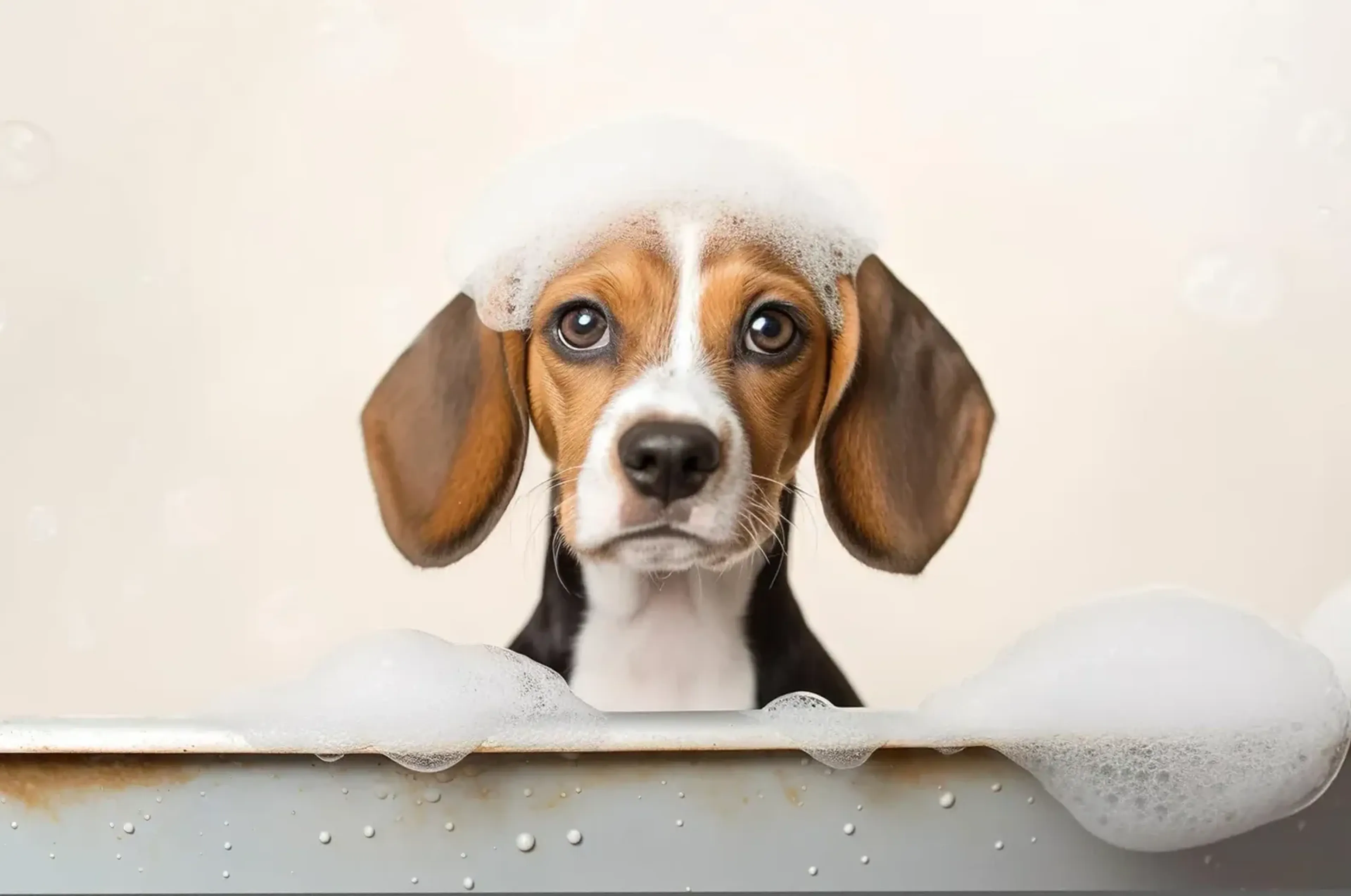 Ein Beagle mit Schaum auf dem Kopf schaut aus einer Badewanne vor cremefarbenem Hintergrund.