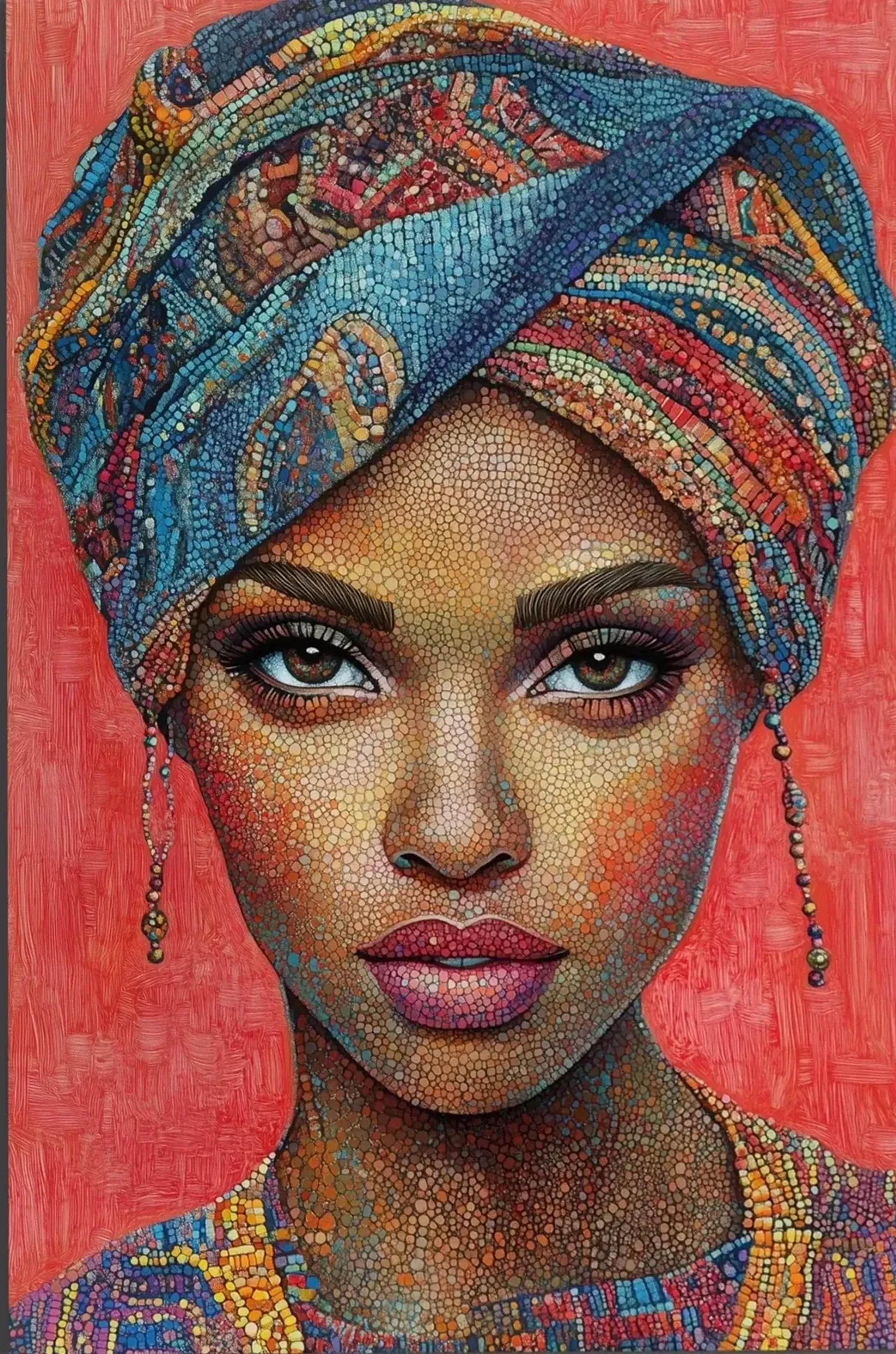 Frontalporträt einer Frau mit blau-buntem Turban und mosaikartigen Farbmustern vor korallrotem Hintergrund.
