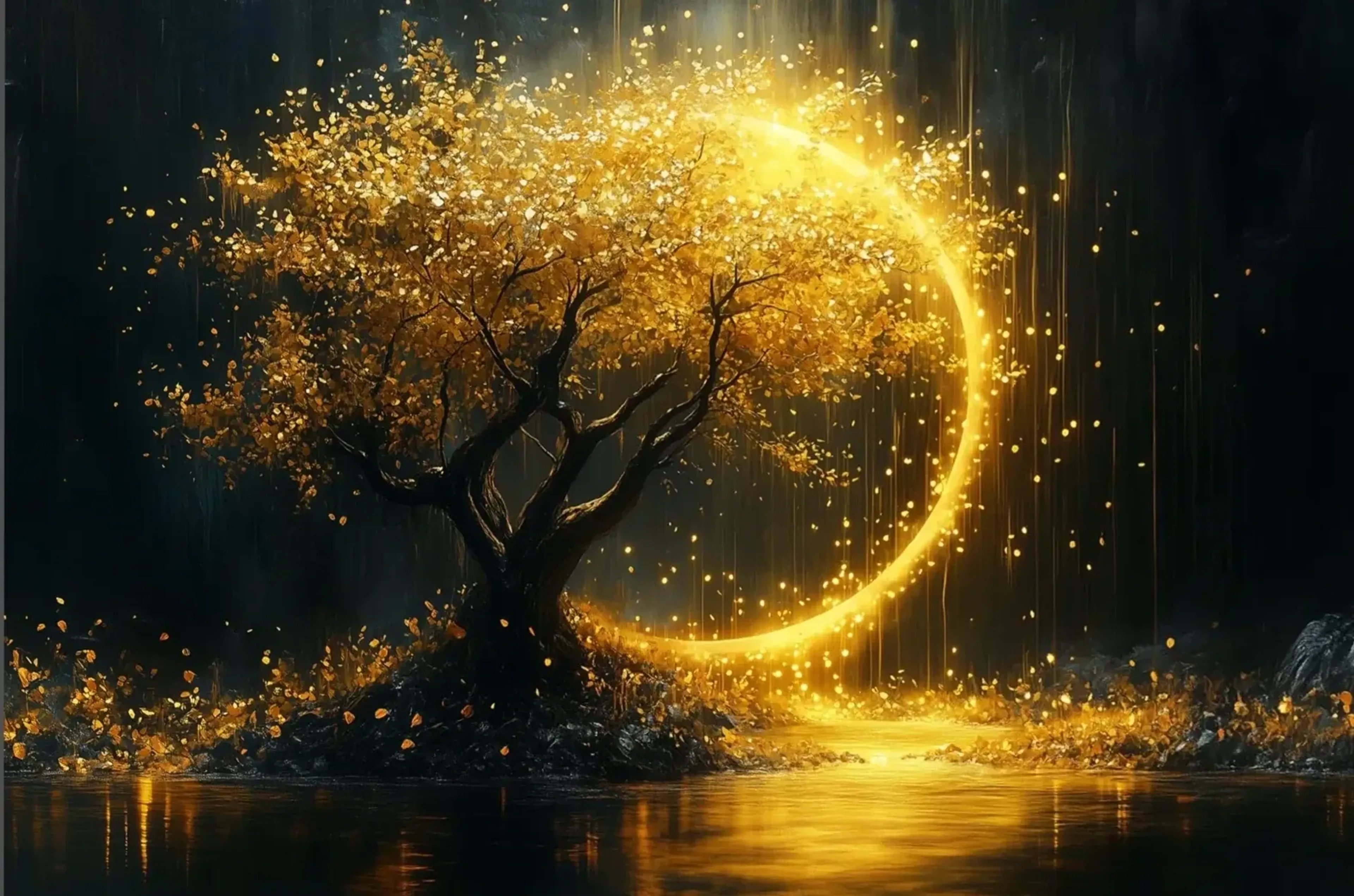Ein goldbelaubter Baum steht im dunklen Wasser vor einem großen leuchtenden Lichtbogen und fallenden Lichtpunkten.