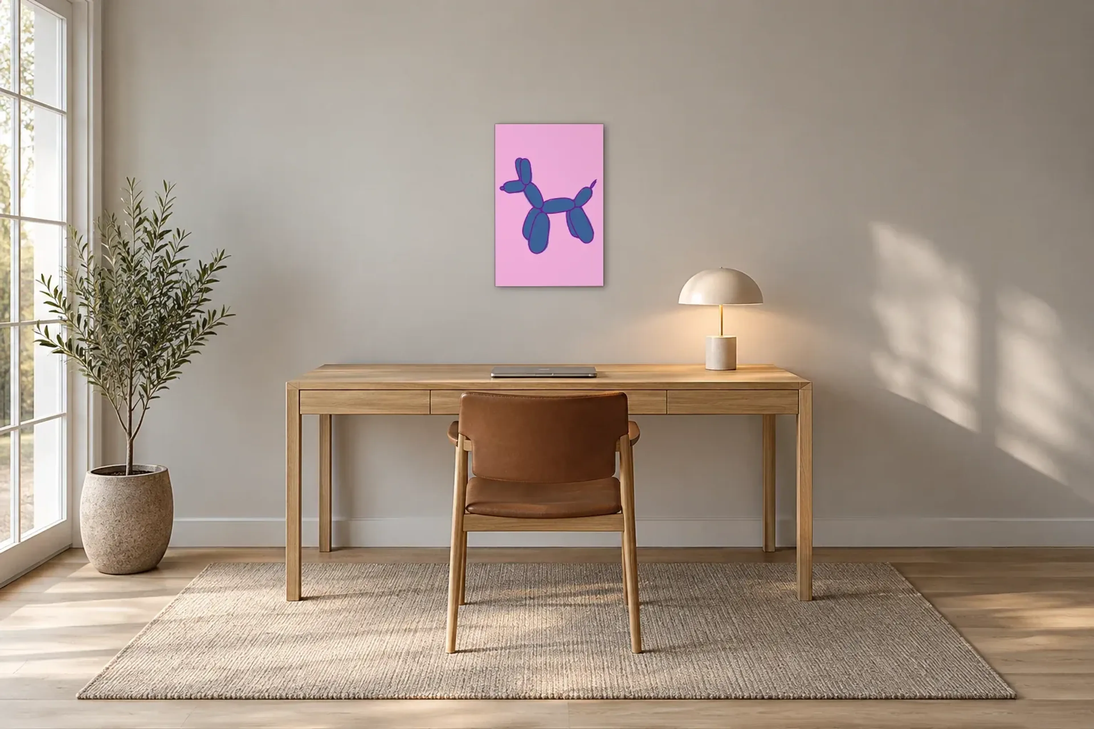 Ballonhund in Blau als Wandbild über einem 160-cm-Schreibtisch