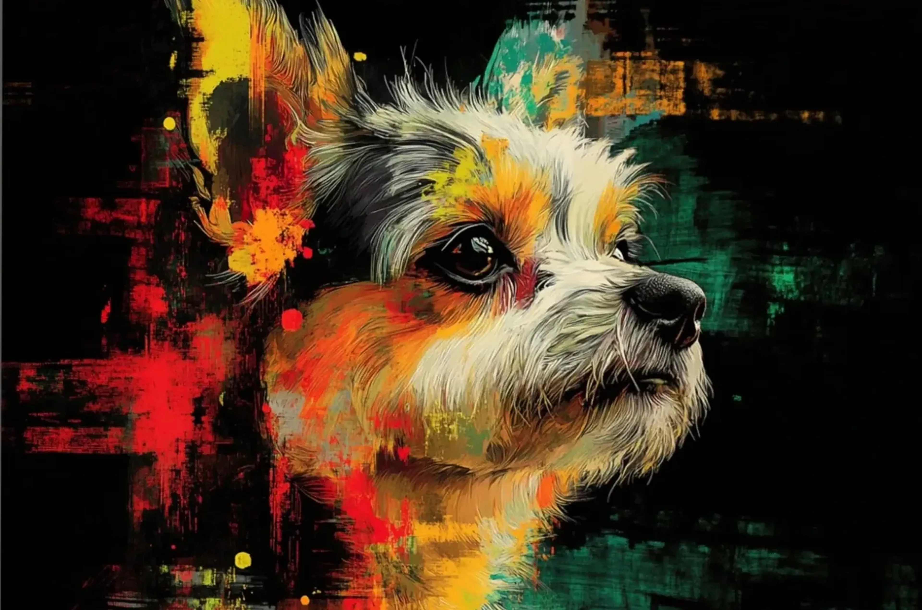 Kleiner Hund mit hellem, strähnigem Fell im Halbprofil, umgeben von roten, gelben und türkisen Farbspuren.